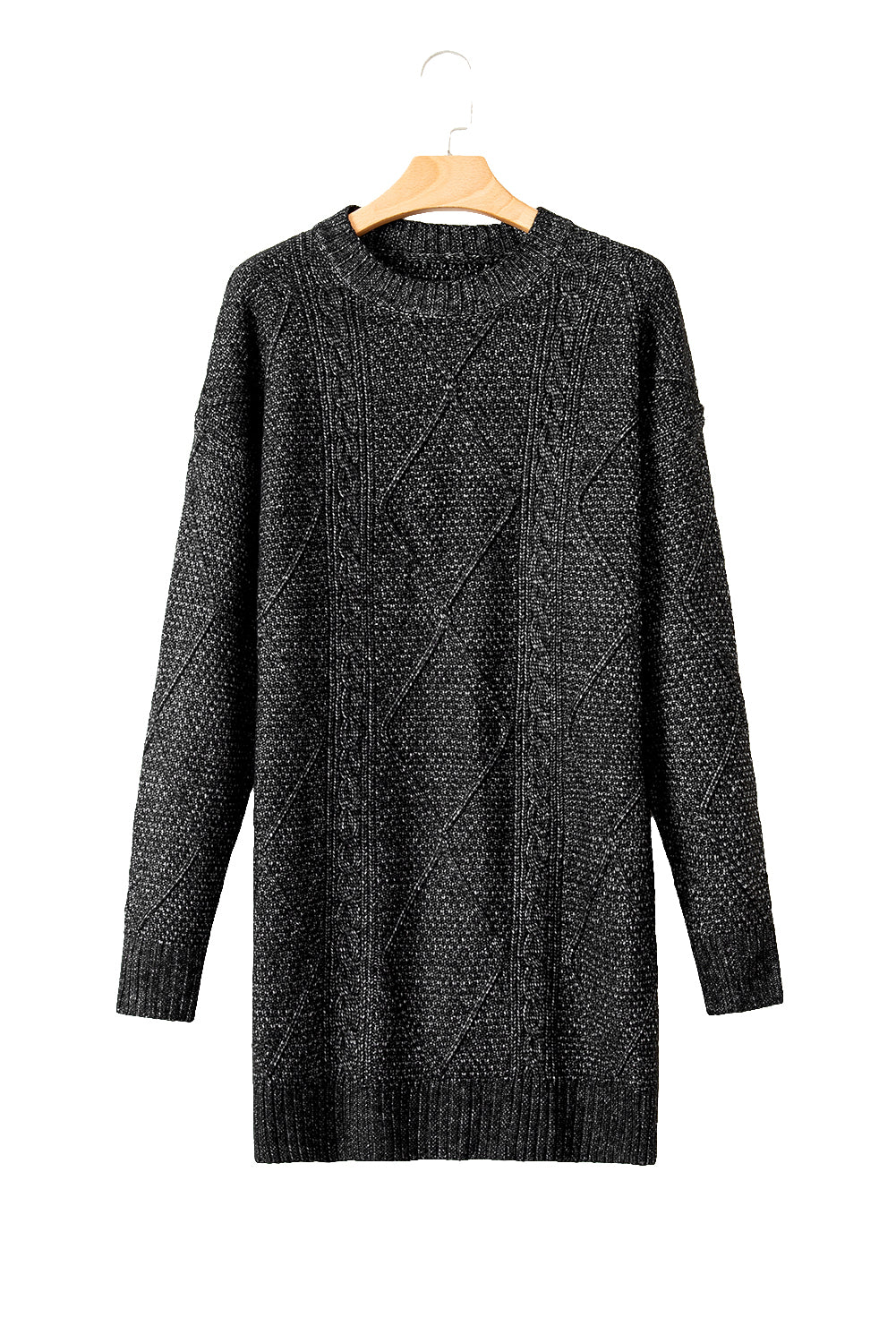 Black Twist Cable Knit Drop Shoulder Loose Fit Sweater Dress-Sweater Dresses-[Adult]-[Female]-2022 Online Blue Zone Planet