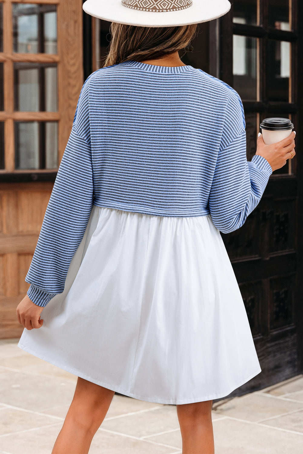 Blue Zone Planet | Sky Blue Stripe Patchwork Pleated High Waist Loose Mini Dress-TOPS / DRESSES-[Adult]-[Female]-2022 Online Blue Zone Planet