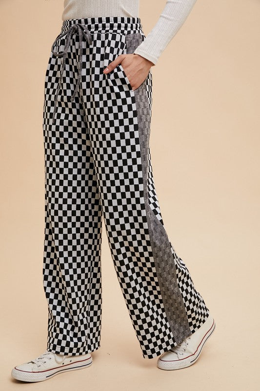 Annie Wear Drawstring Checkered Wide Leg Pants-BOTTOM SIZES SMALL MEDIUM LARGE-[Adult]-[Female]-2022 Online Blue Zone Planet