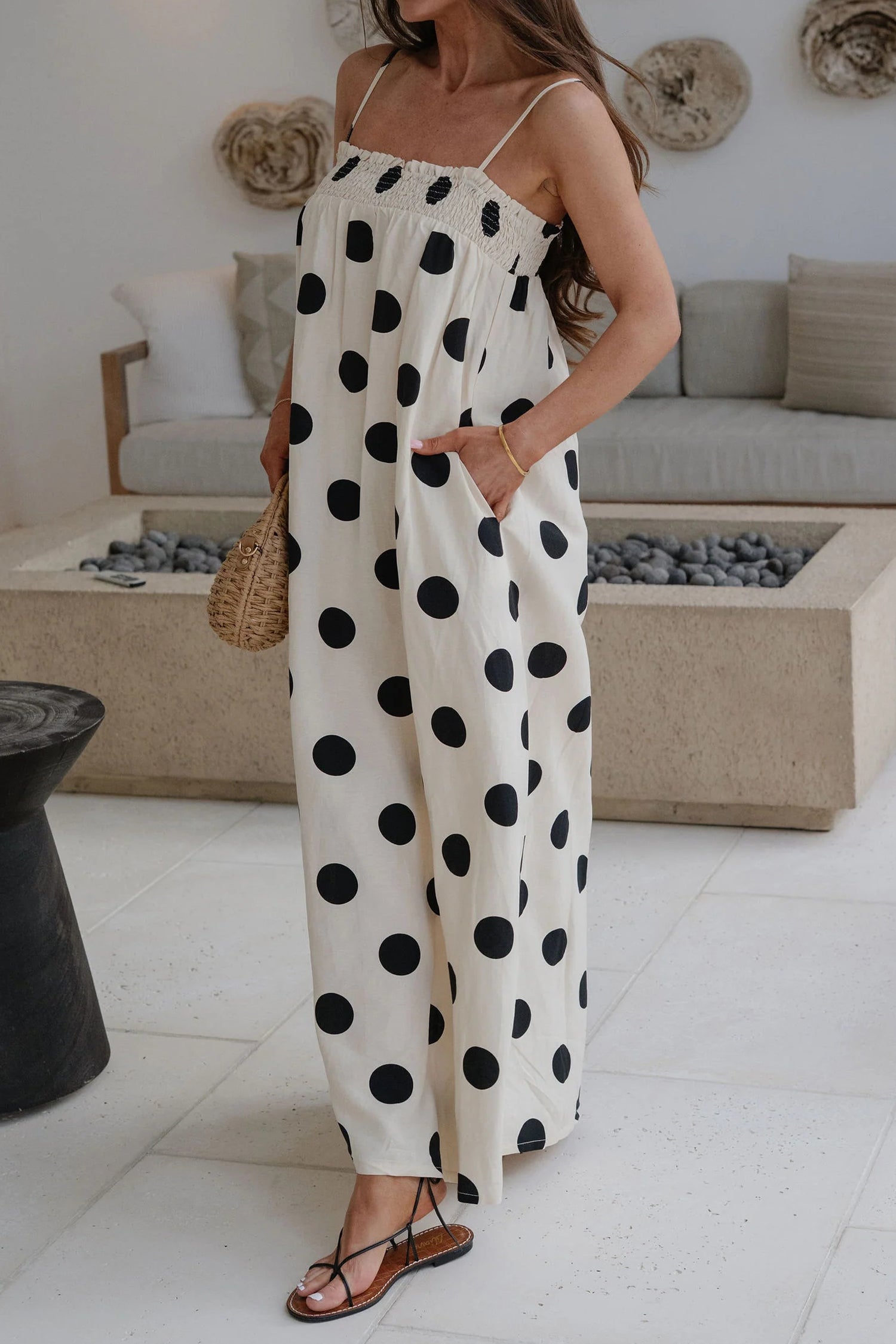 White Polka Dot Spaghetti Straps Maxi Dress-TOPS / DRESSES-[Adult]-[Female]-2022 Online Blue Zone Planet