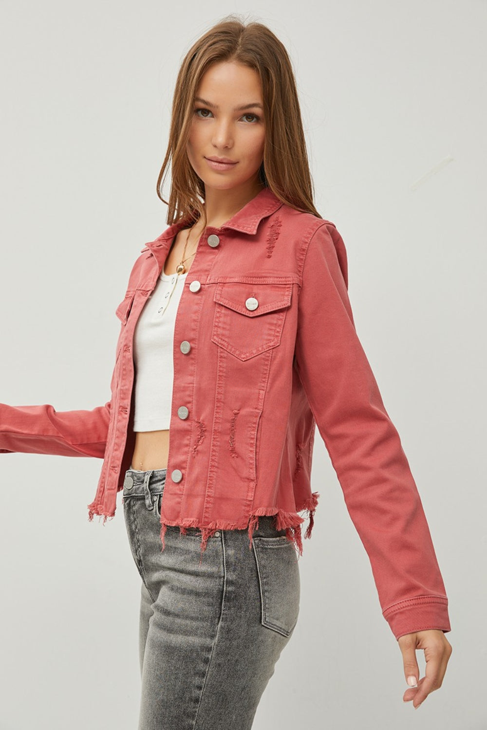 RISEN Raw Hem Button Up Cropped Denim Jacket-TOPS / DRESSES-[Adult]-[Female]-2022 Online Blue Zone Planet