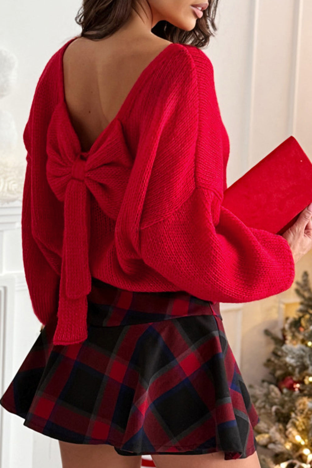 Fiery Red Festive Bow Backless Bubble Sleeve Sweater-TOPS / DRESSES-[Adult]-[Female]-Fiery Red-S-2022 Online Blue Zone Planet
