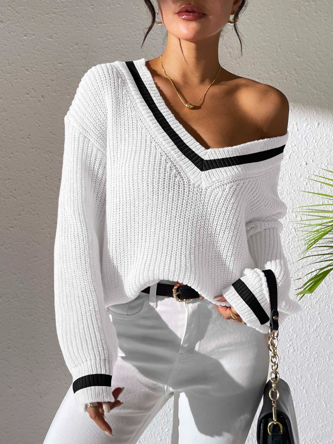 Contrast Trim V-Neck Long Sleeve Sweater-TOPS / DRESSES-[Adult]-[Female]-White-S-2022 Online Blue Zone Planet