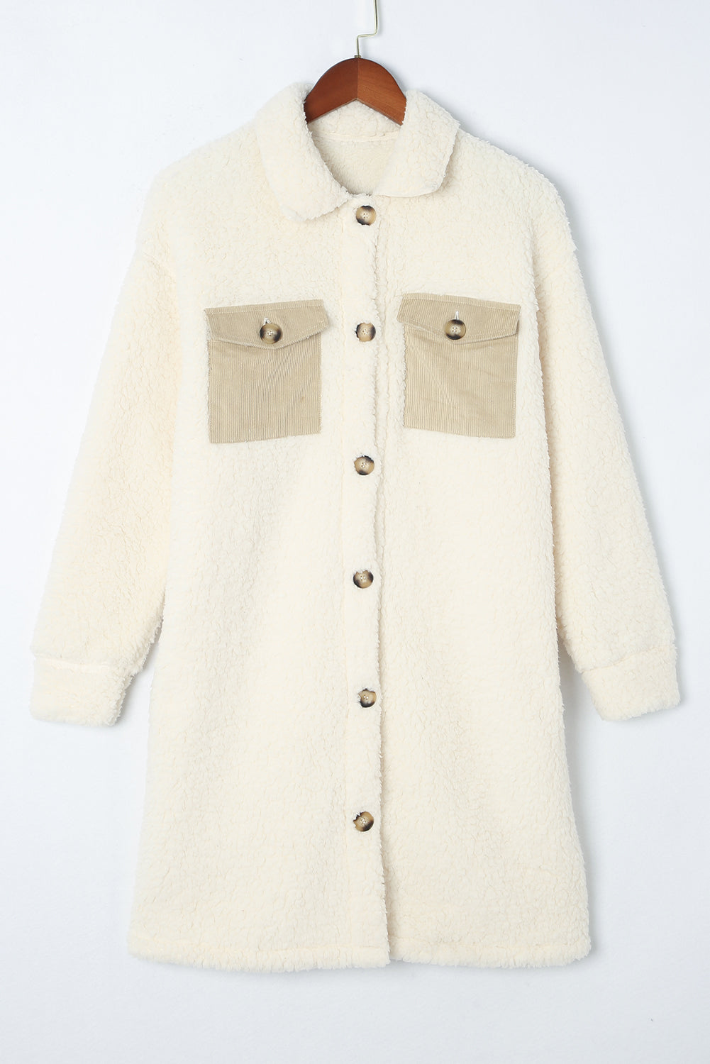 Khaki Contrast Flap Pocket Single Breasted Teddy Coat-Coats-[Adult]-[Female]-2022 Online Blue Zone Planet