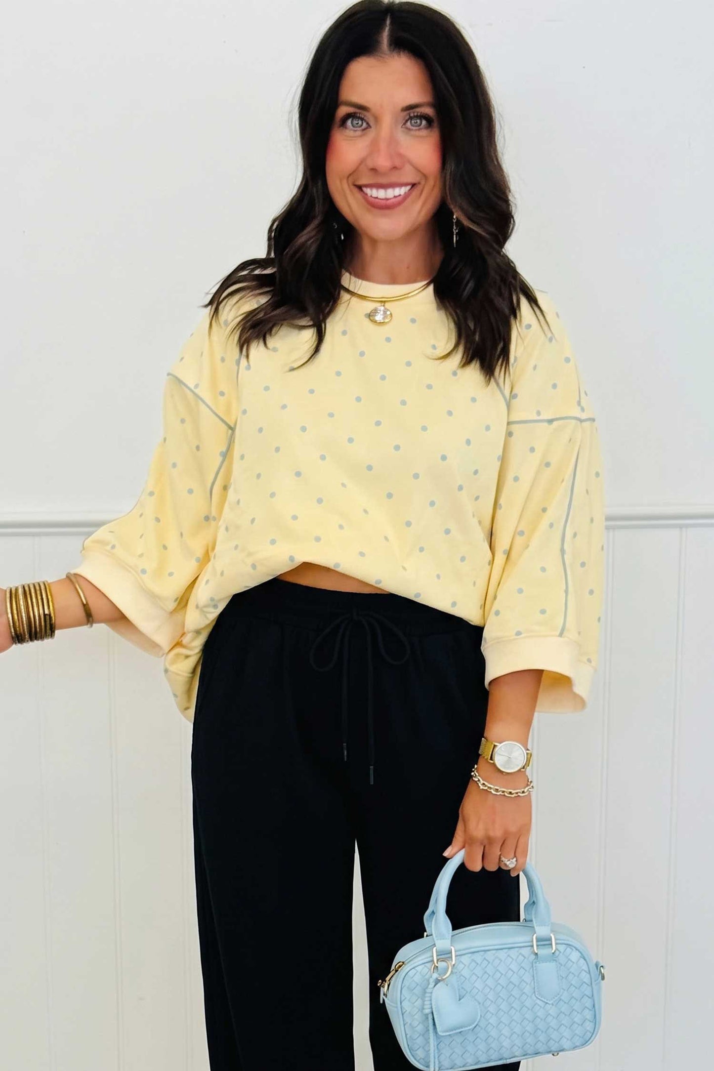 Yellow Polka Dot Print Piping Trim 3/4 Sleeve Relaxed Top-Tops/Long Sleeve Tops-[Adult]-[Female]-2022 Online Blue Zone Planet