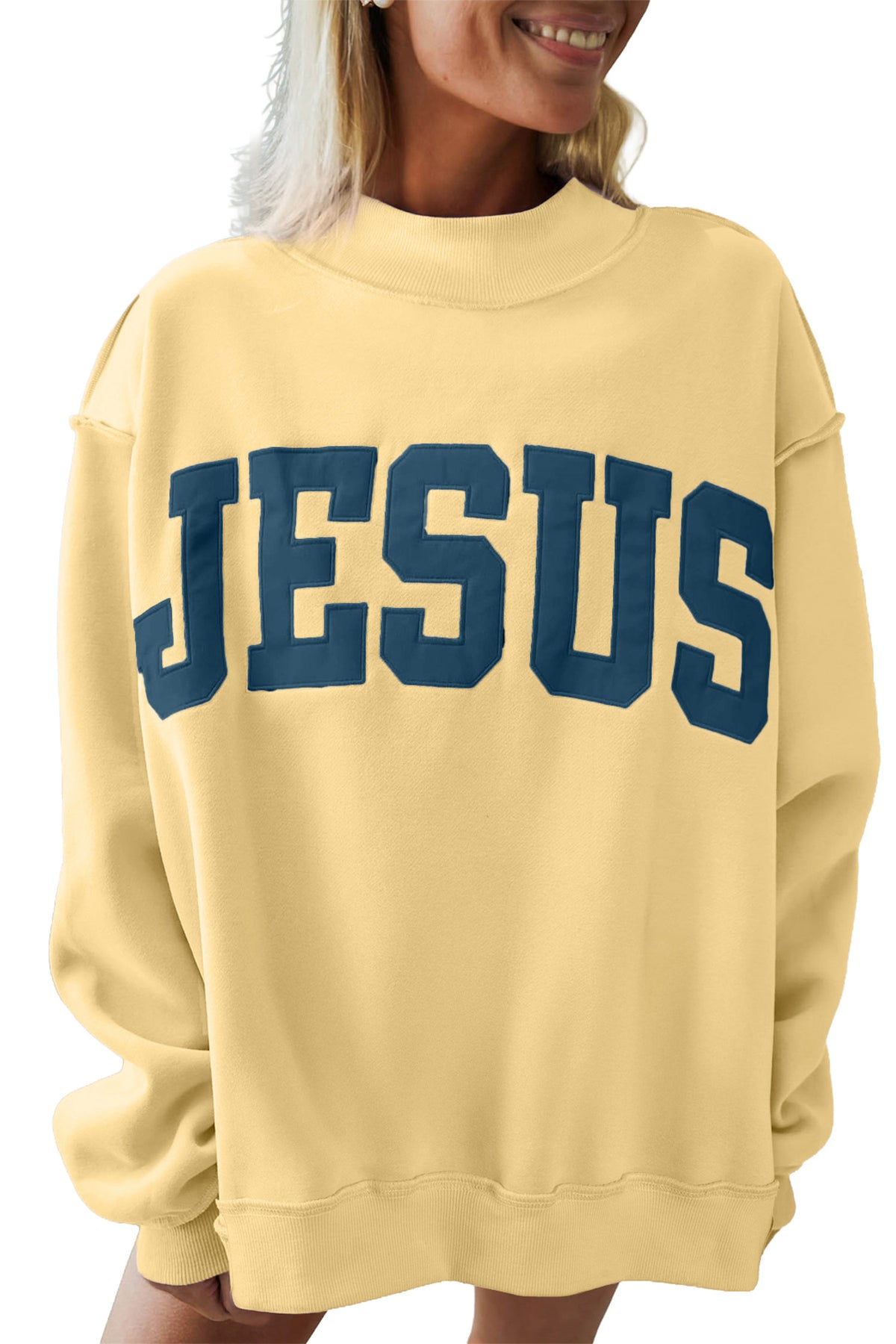 Banana Cream JESUS Letter Patch Graphic Exposed Seam Mock Neck Baggy Sweatshirt-Tops/Sweatshirts & Hoodies-[Adult]-[Female]-2022 Online Blue Zone Planet