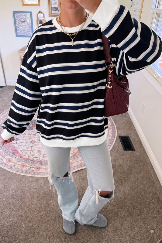 Blue Stripe Ribbed Color Block Trim Round Neck Dropped Shoulder Sweatshirt-Tops/Sweatshirts & Hoodies-[Adult]-[Female]-Blue Stripe-S-2022 Online Blue Zone Planet