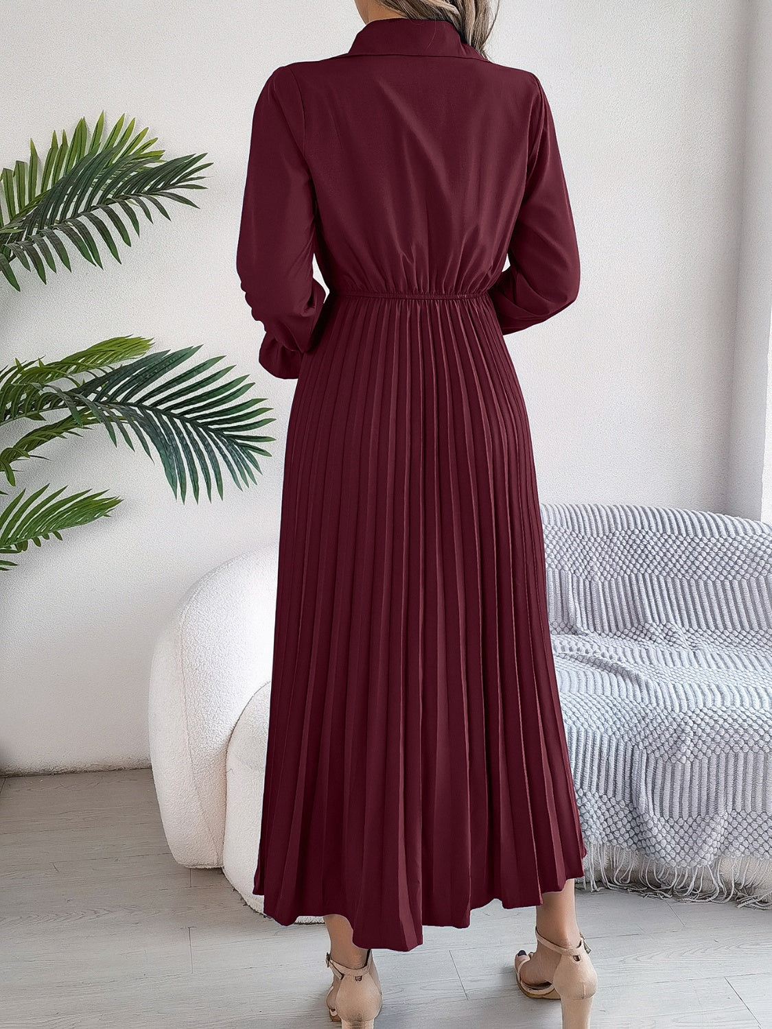 Blue Zone Planet | Pleated Half Button Long Sleeve Midi Dress-TOPS / DRESSES-[Adult]-[Female]-2022 Online Blue Zone Planet