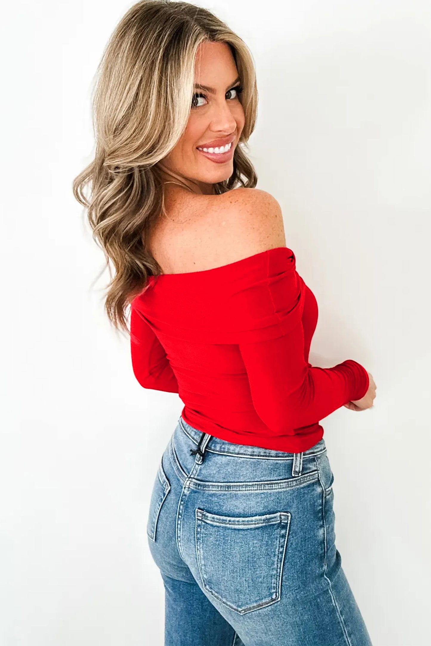 Fiery Red Foldover Off Shoulder Long Sleeve Slim Top-Tops/Long Sleeve Tops-[Adult]-[Female]-2022 Online Blue Zone Planet