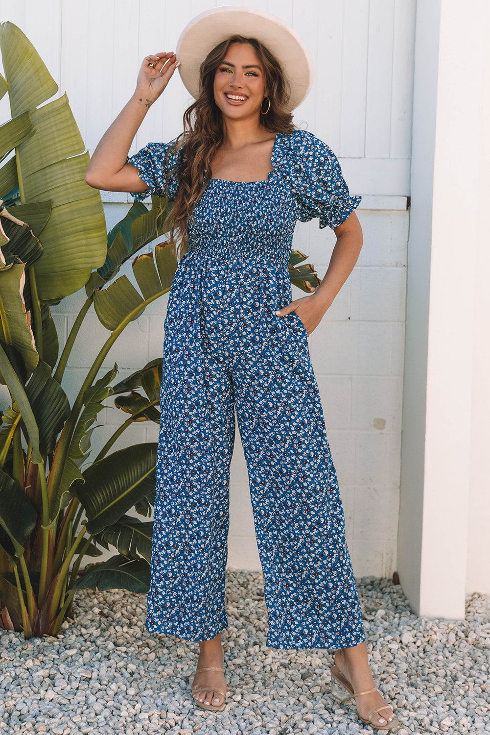Blue Vintage Boho Floral Smocked Short Puff Sleeve Wide Leg Jumpsuit-Bottoms/Jumpsuits & Rompers-[Adult]-[Female]-2022 Online Blue Zone Planet