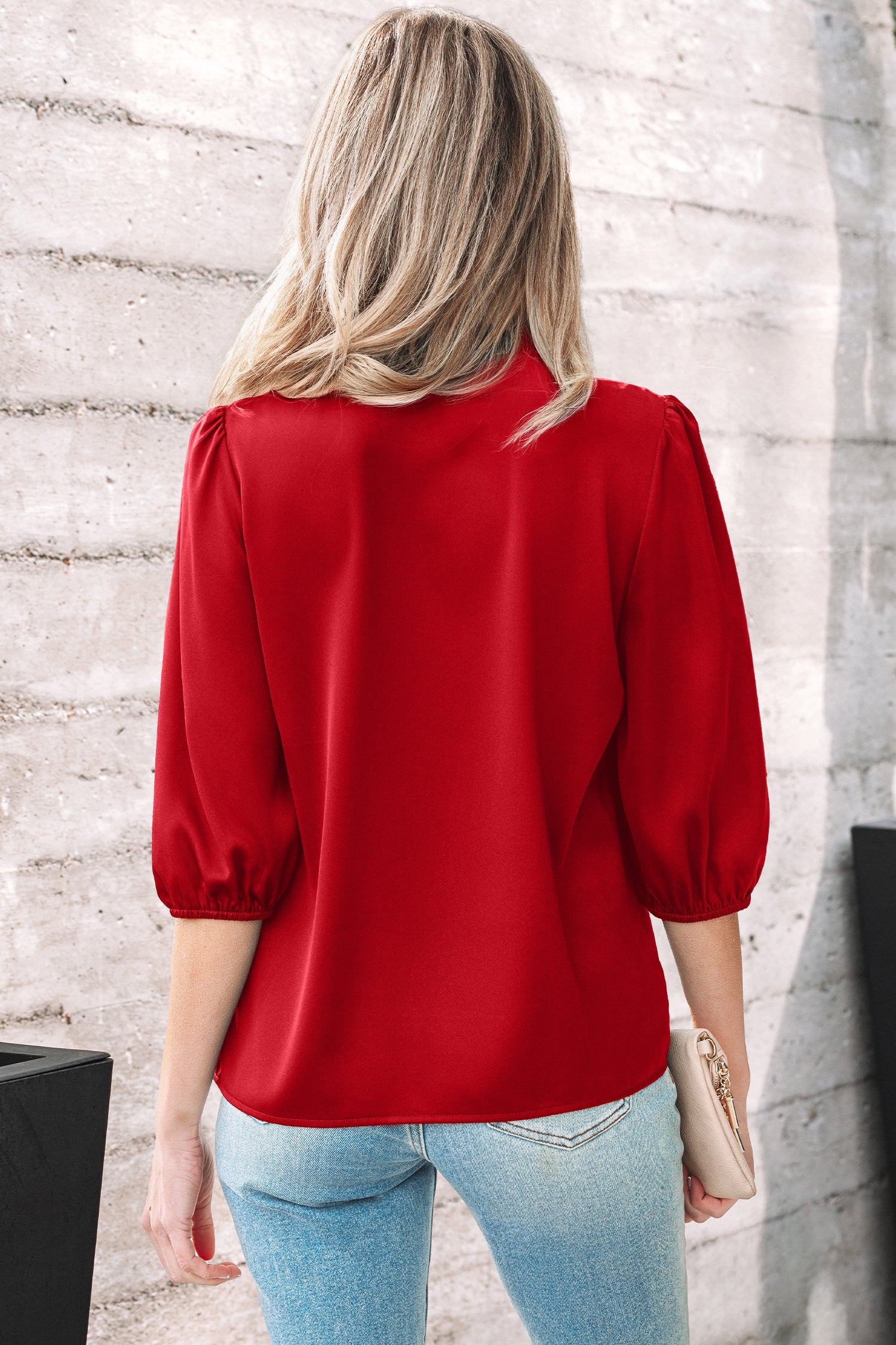 Fiery Red Solid Color Frilled V Neck Bow Detail 3/4 Sleeve Blouse-Tops/Blouses & Shirts-[Adult]-[Female]-2022 Online Blue Zone Planet