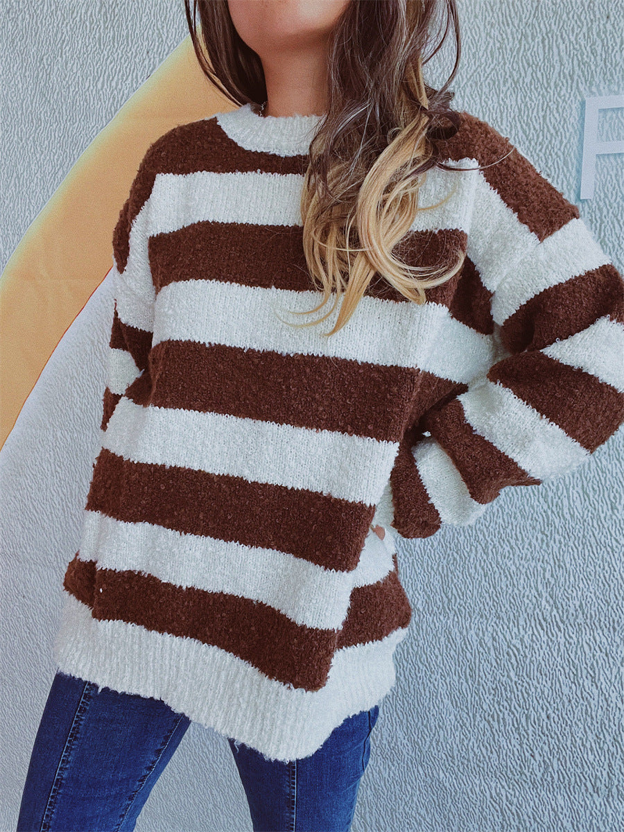 Blue Zone Planet | Striped Round Neck Long Sleeve Sweater-TOPS / DRESSES-[Adult]-[Female]-2022 Online Blue Zone Planet