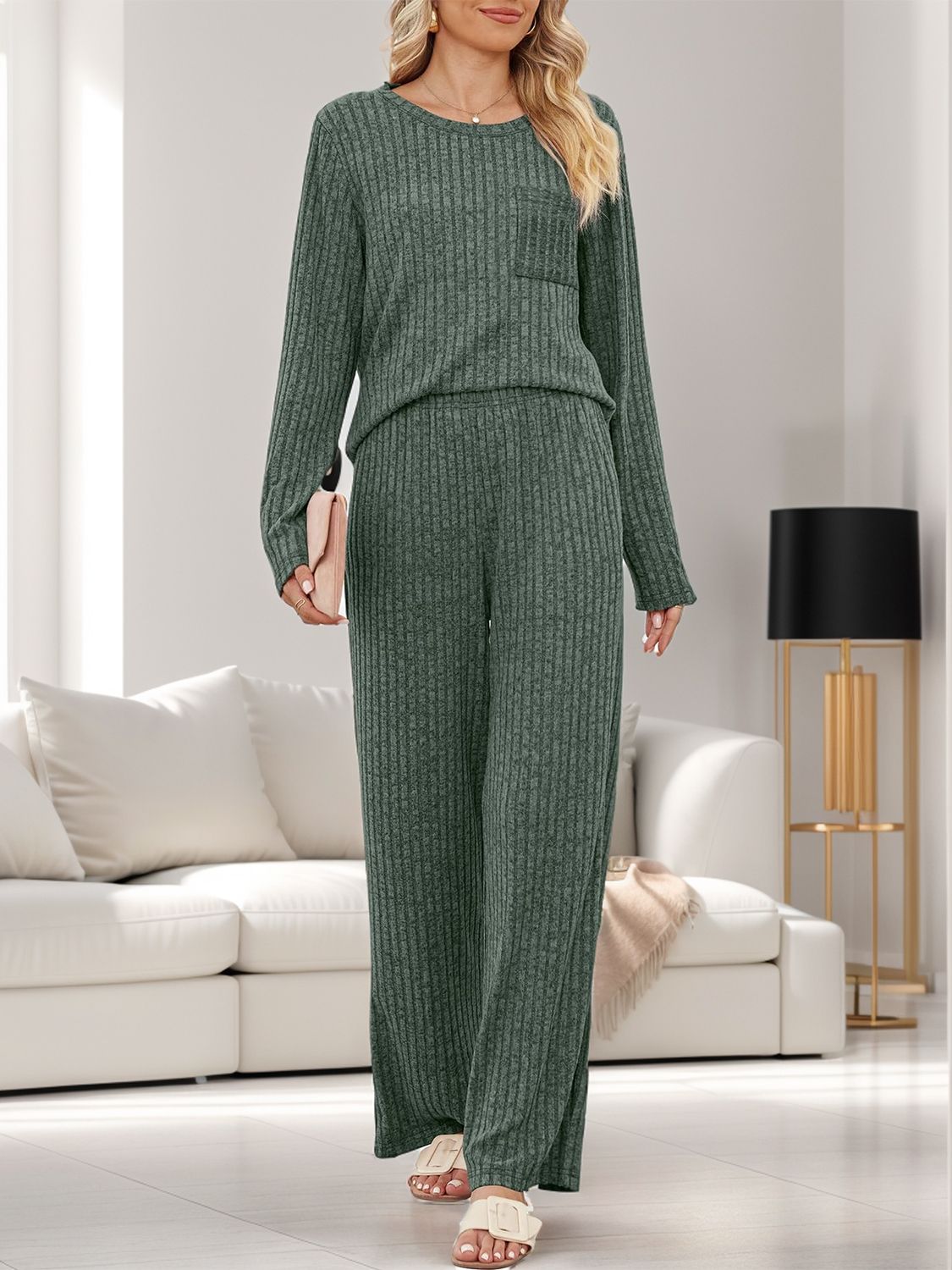 Round Neck Long Sleeve Top and Pants Set-TOPS / DRESSES-[Adult]-[Female]-Army Green-S-2022 Online Blue Zone Planet