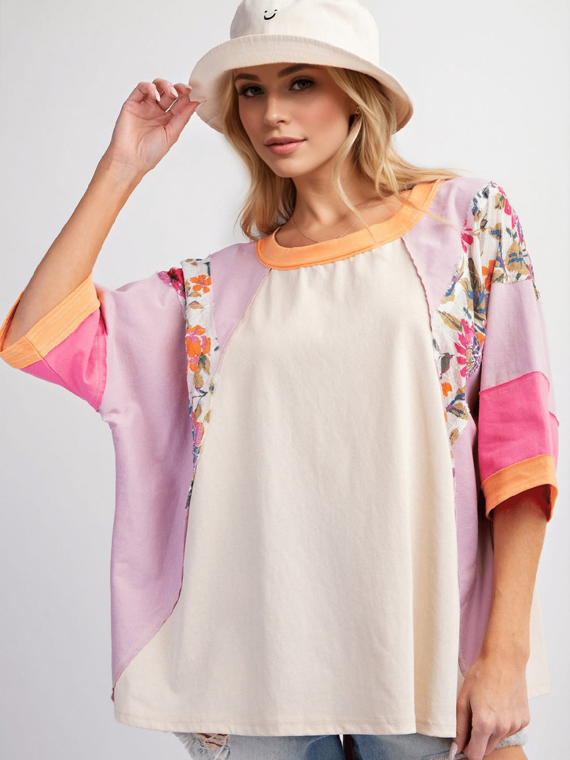 Color Block Printed Three-Quarter Sleeve Top-TOPS / DRESSES-[Adult]-[Female]-Pink Purple-S-2022 Online Blue Zone Planet