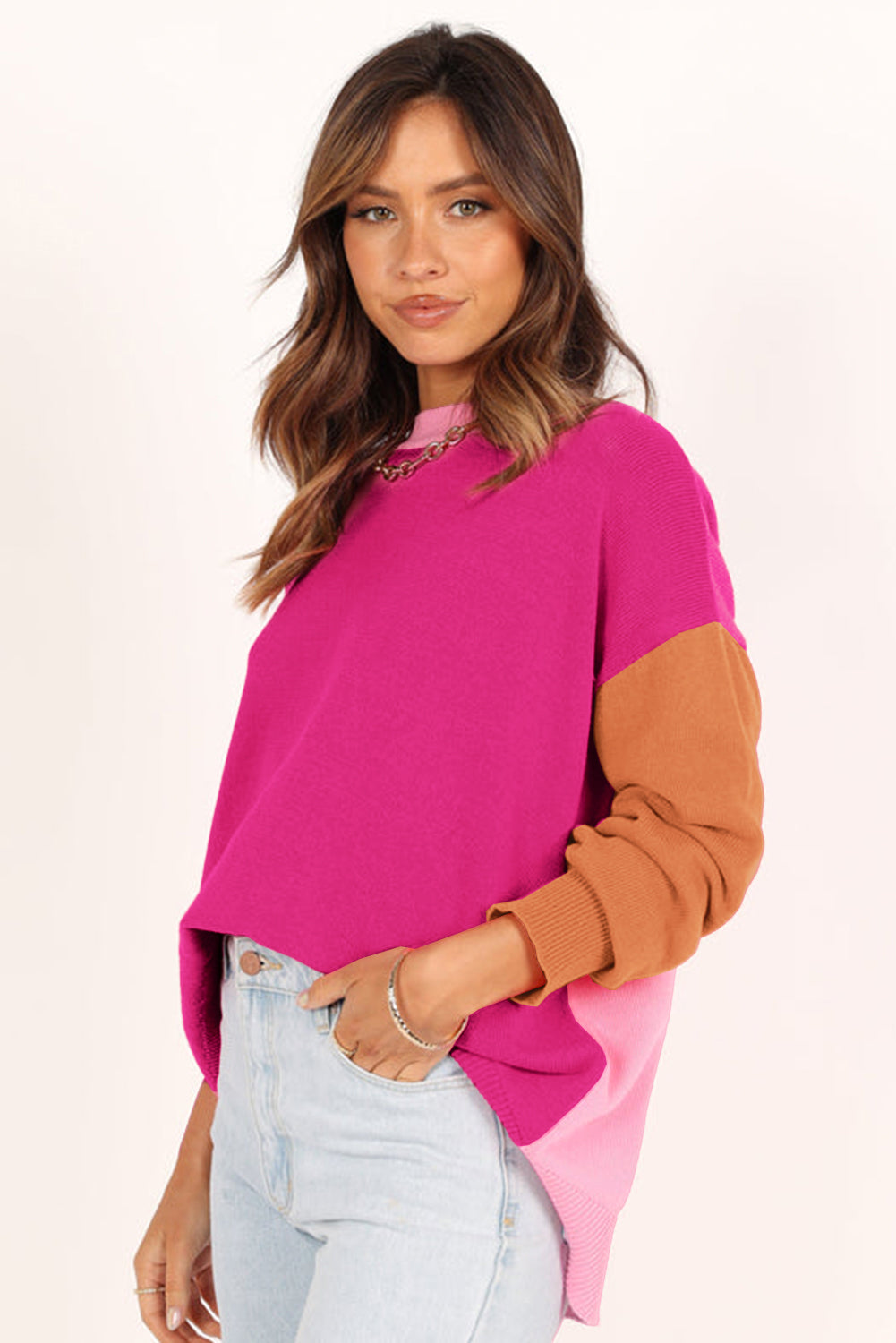 Blue Zone Planet | Bonbon Three Tone Contrast Round Neck Loose Sweater-Sweaters & Cardigans/Sweaters-[Adult]-[Female]-2022 Online Blue Zone Planet