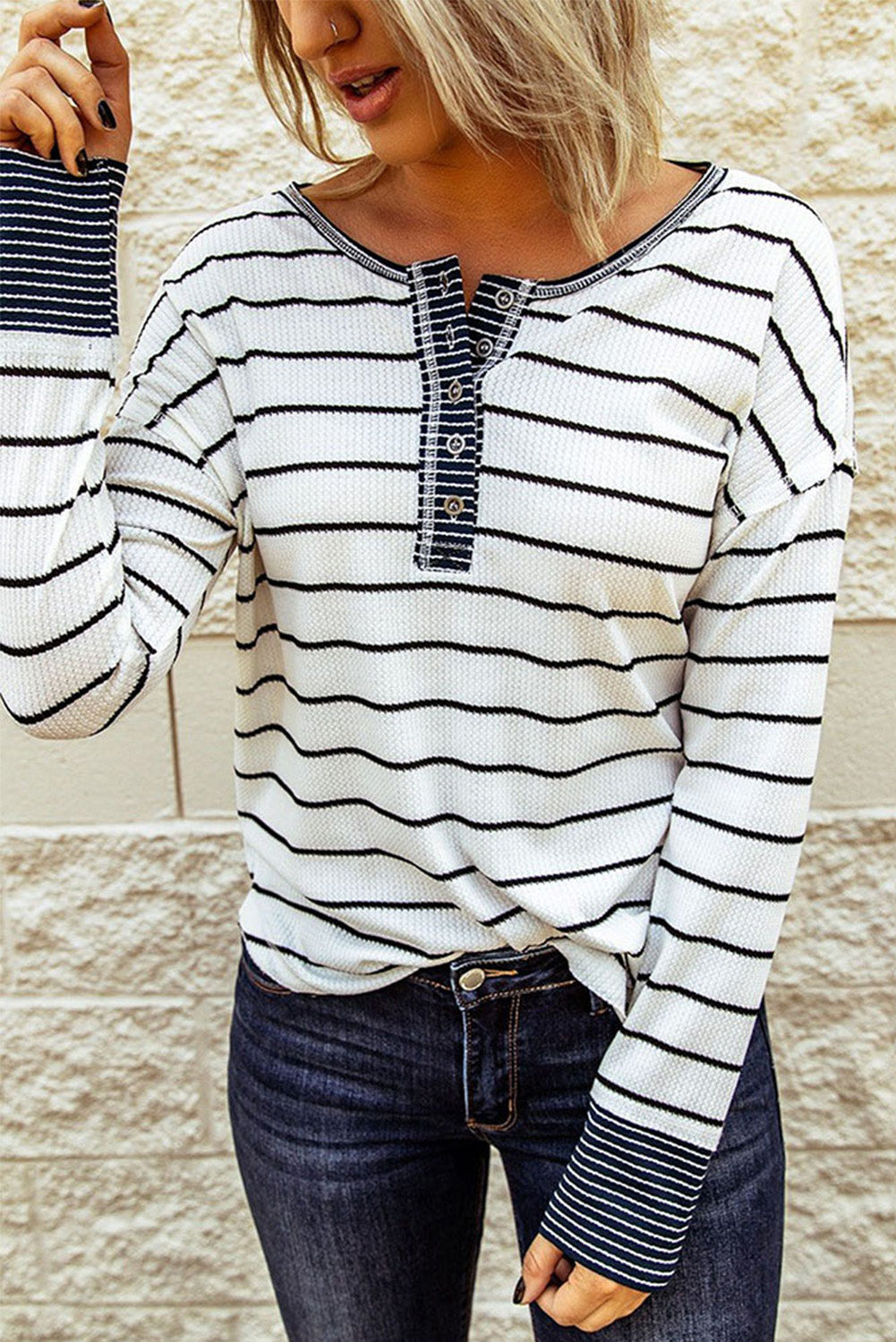 White Striped Buttoned Henley Waffle Knit Top-Tops/Blouses & Shirts-[Adult]-[Female]-2022 Online Blue Zone Planet