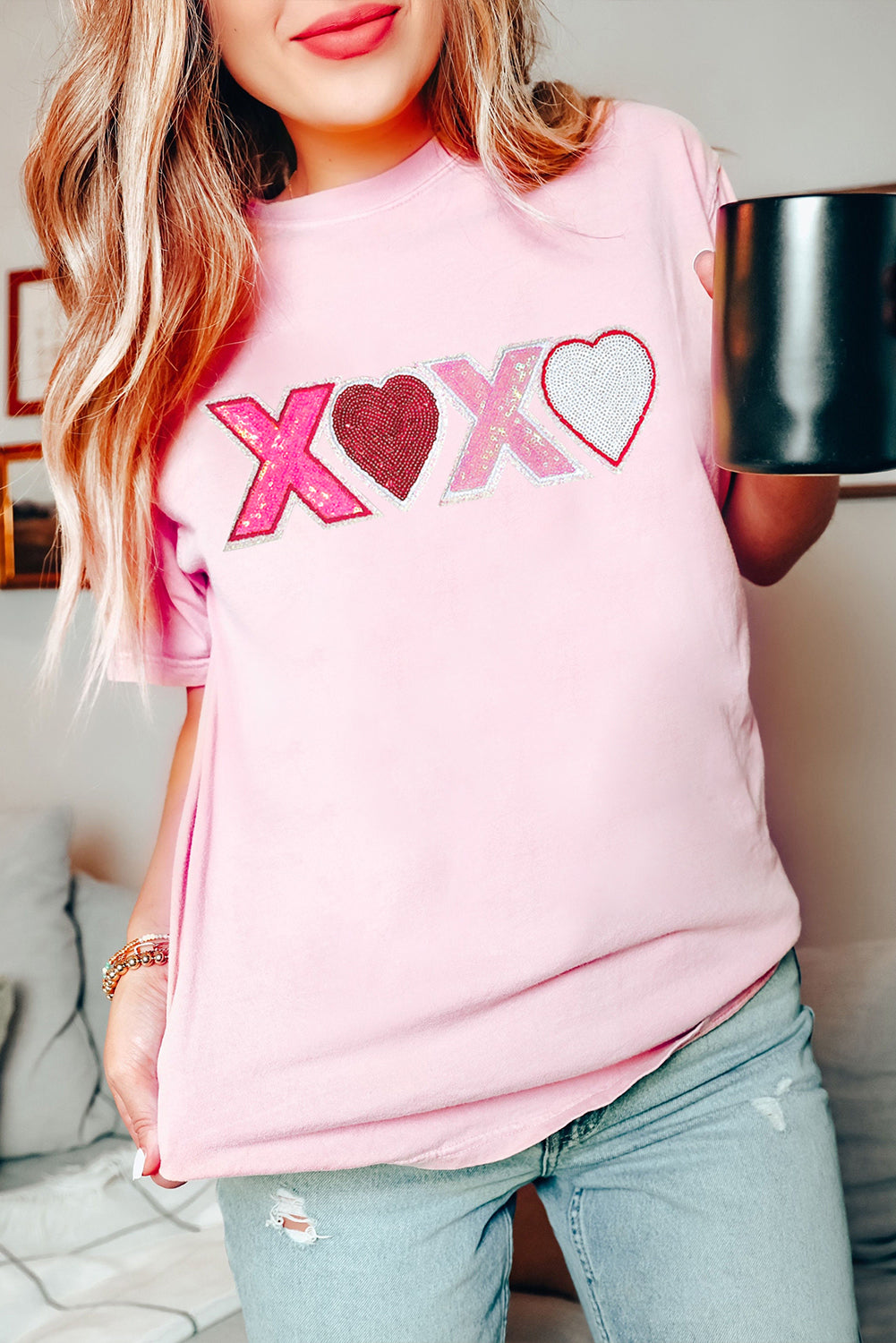 Pink Sequin Heart XOXO Patched Graphic Valentines T Shirt-Graphic Tees-[Adult]-[Female]-2022 Online Blue Zone Planet