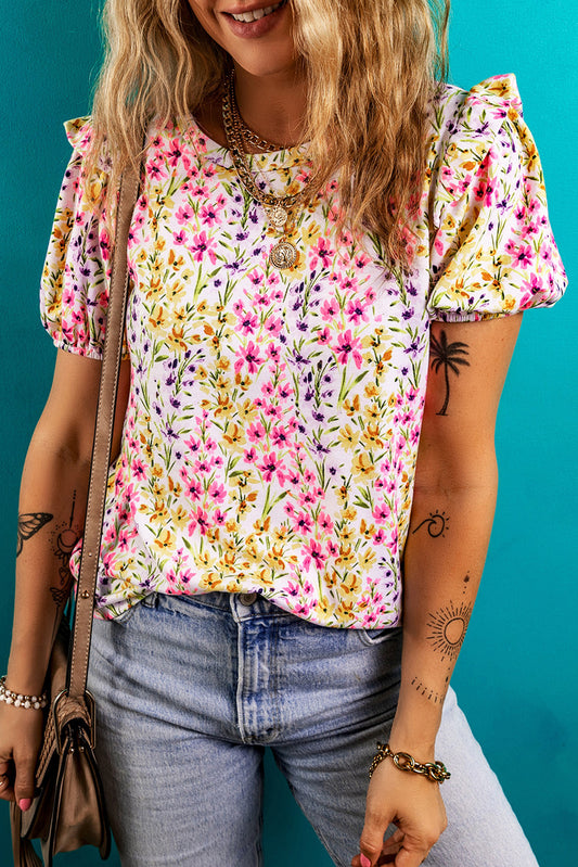 Pink Floral Puff Short Sleeve Crewneck Blouse-Tops/Blouses & Shirts-[Adult]-[Female]-Pink-S-2022 Online Blue Zone Planet