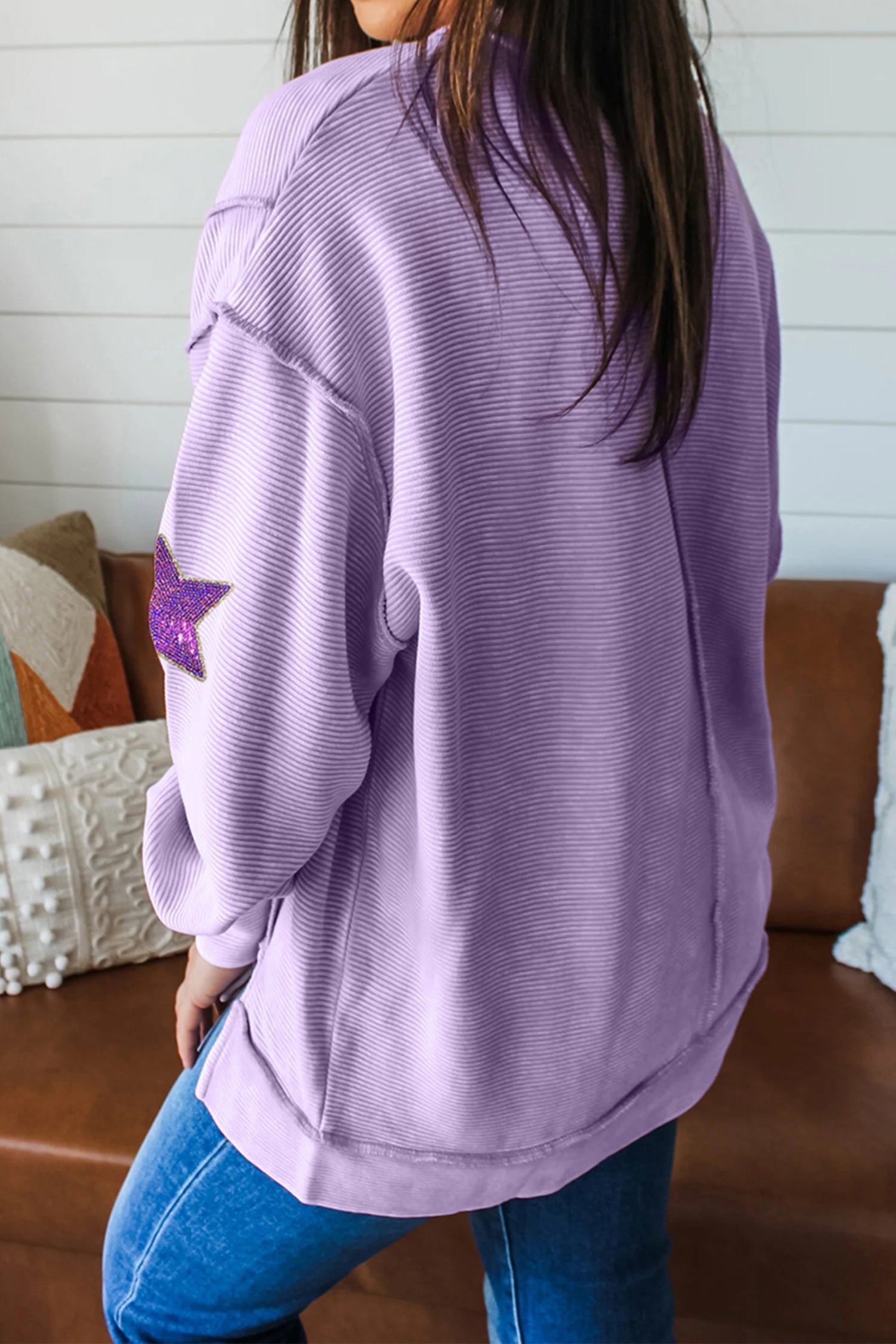 Lavendula Mardi Gras Holiday Sequined Star Patched Patterned Top-Graphic Long Sleeve Tees-[Adult]-[Female]-2022 Online Blue Zone Planet