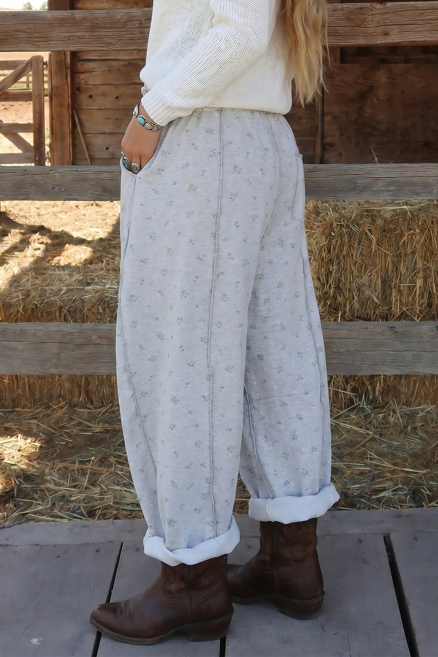 Gray Floral Print Elastic Waist Regular Fit Pants-Bottoms/Pants & Culotte-[Adult]-[Female]-2022 Online Blue Zone Planet