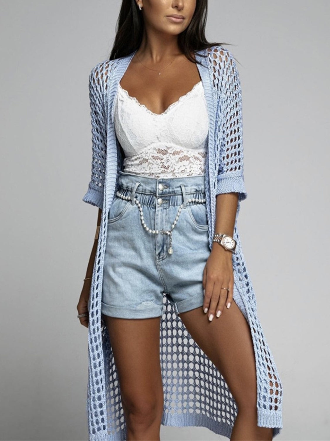 Openwork Open Front Three-Quarter Sleeve Cover Up-TOPS / DRESSES-[Adult]-[Female]-Light Blue-S-2022 Online Blue Zone Planet