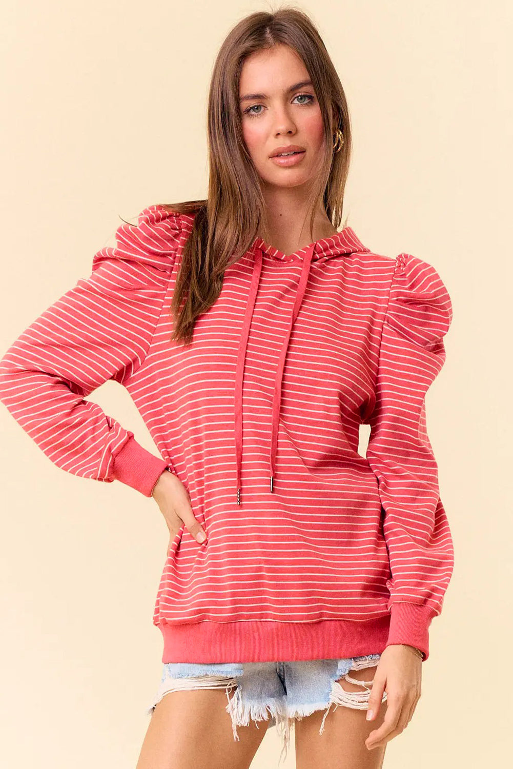 Red Stripe Puff Sleeve Stripe Hoodie-Tops / Dresses-[Adult]-[Female]-2022 Online Blue Zone Planet