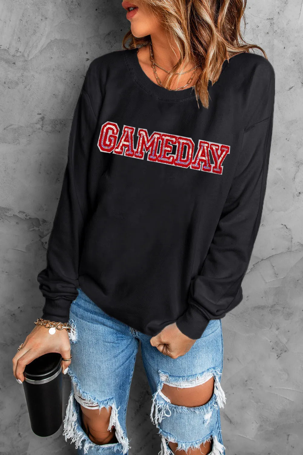 GAME DAY Round Neck Long Sleeve Sweatshirt-TOPS / DRESSES-[Adult]-[Female]-Black-S-2022 Online Blue Zone Planet