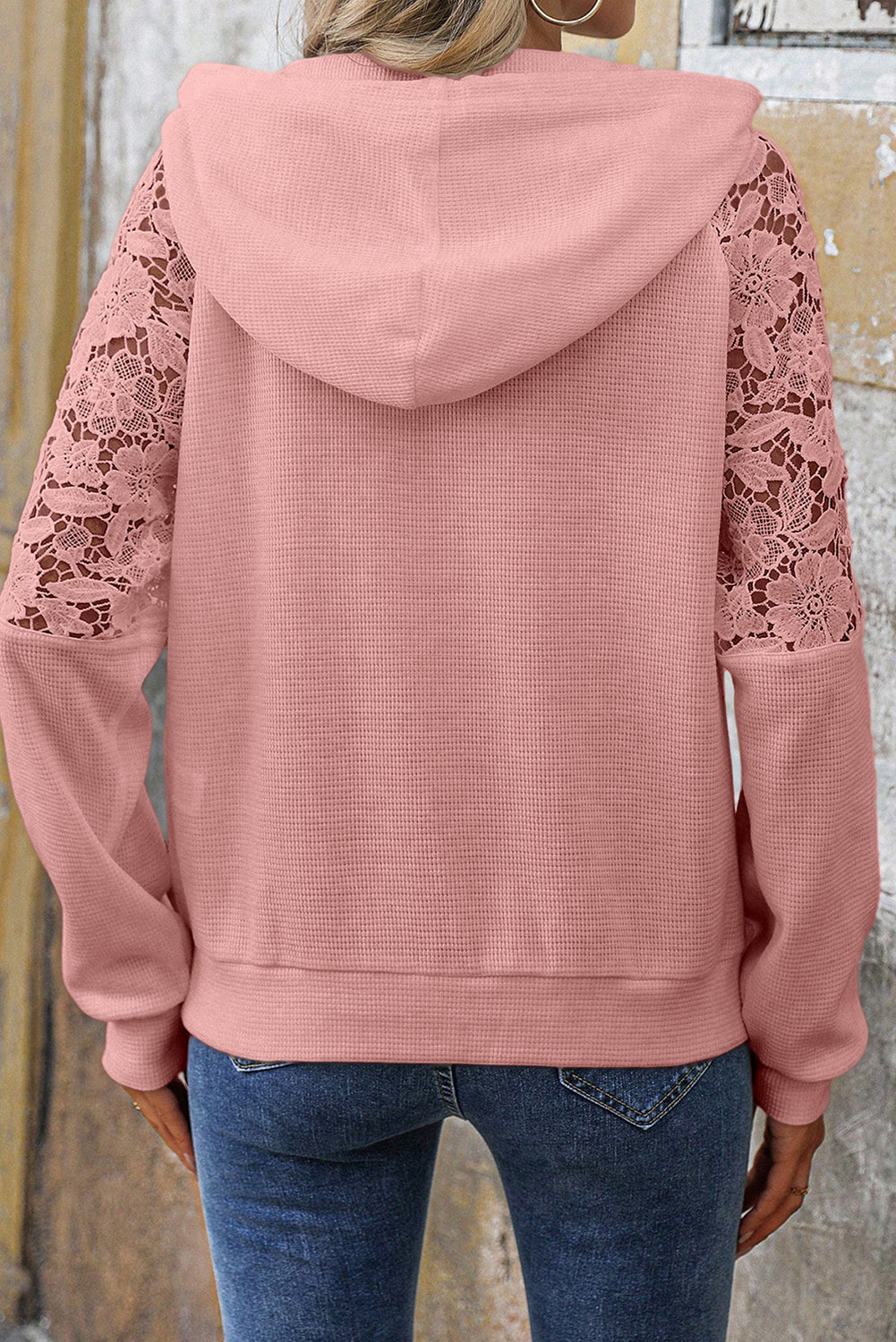 Gossamer Pink Lace Patchwork Raglan Sleeve Kangaroo Pocket Waffle Hoodie-Tops / Dresses-[Adult]-[Female]-2022 Online Blue Zone Planet