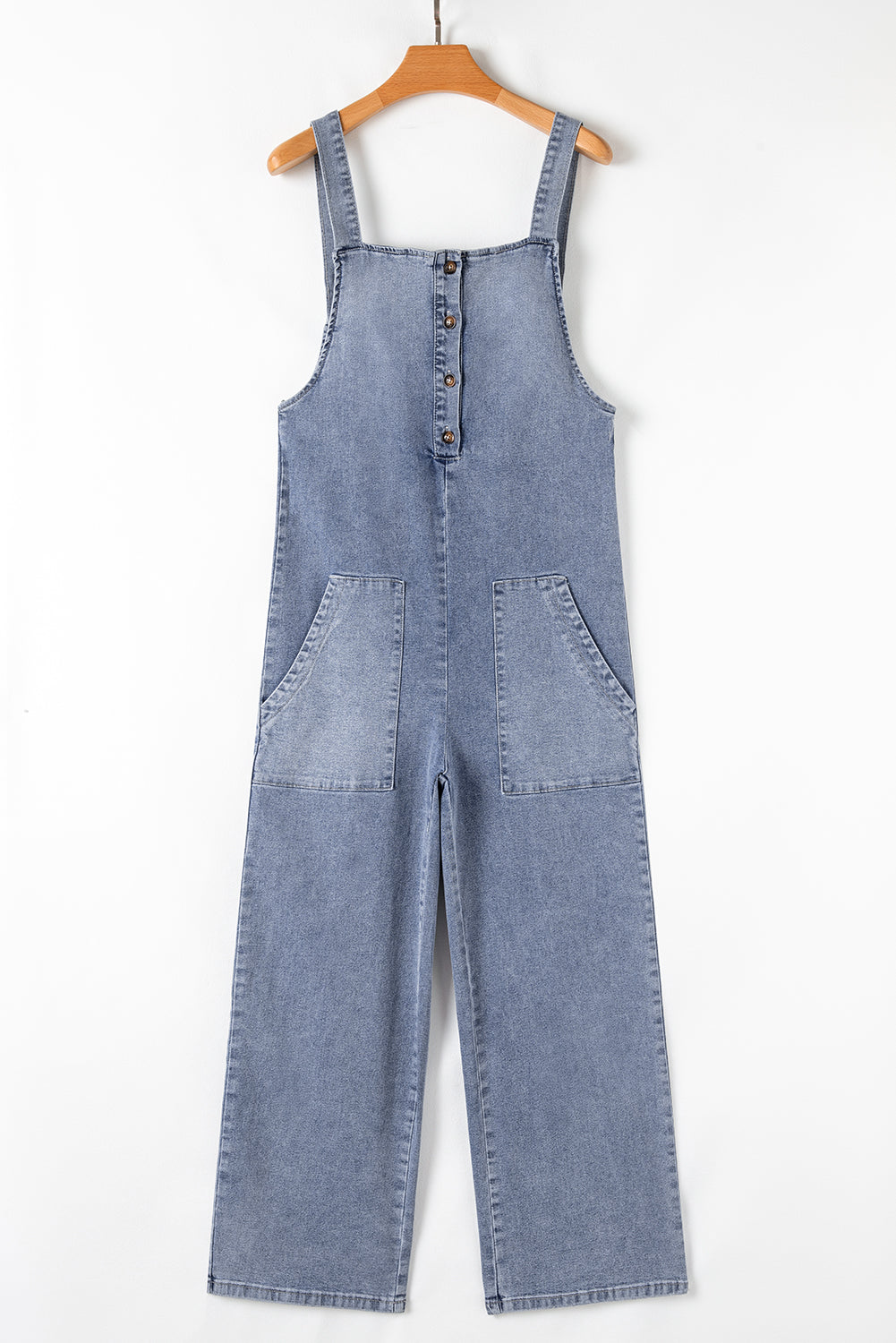 Blue Zone Planet | Stone Blue Washed Denim Half Buttons Patched Pocket Wide Leg Overalls-Bottoms/Jumpsuits & Rompers-[Adult]-[Female]-2022 Online Blue Zone Planet