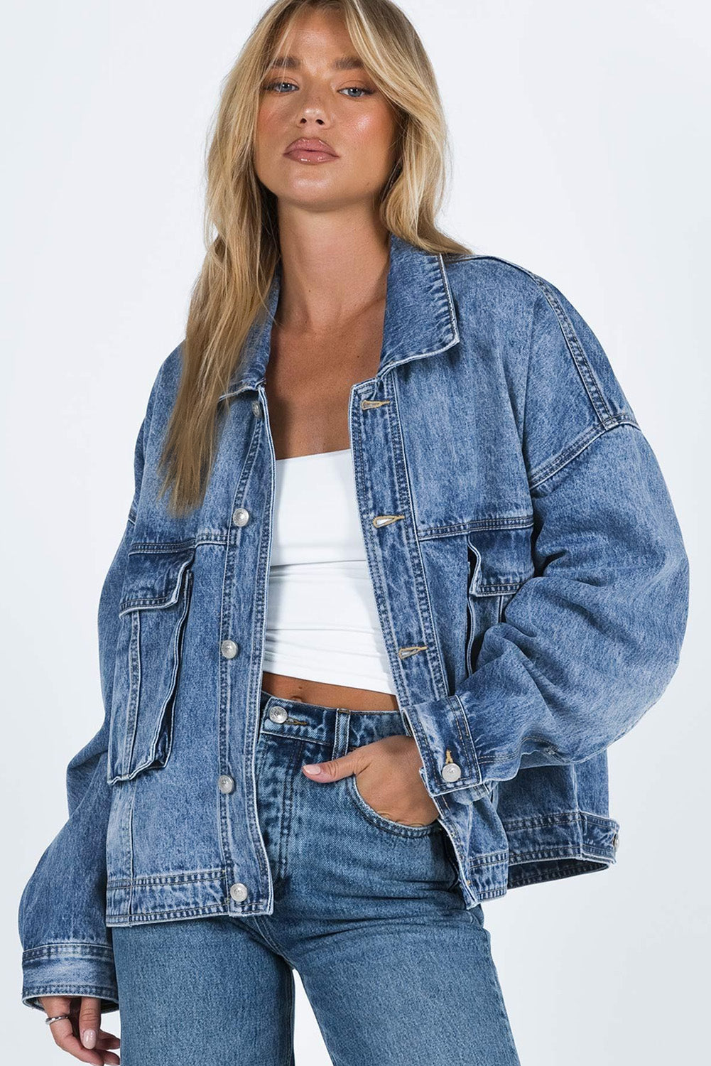 Collared Neck Button Up Denim Jacket-TOPS / DRESSES-[Adult]-[Female]-2022 Online Blue Zone Planet