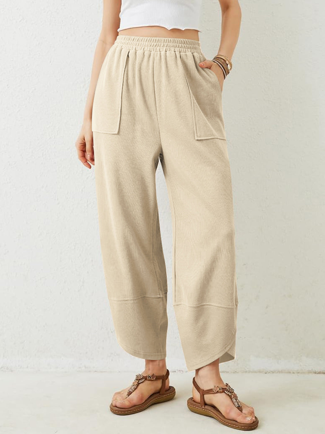 Blue Zone Planet | Lovelet Elastic Waist Wide Leg Pants-BOTTOMS SIZES SMALL MEDIUM LARGE-[Adult]-[Female]-Tan-S-2022 Online Blue Zone Planet