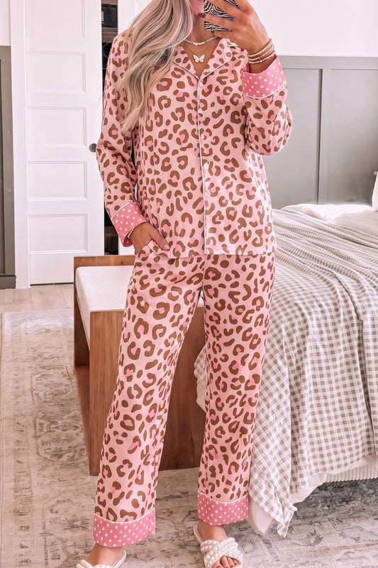 Pink Leopard Print Polka Dot Trim Lapel Shirt and Pants 2pcs Pajama Set-Loungewear & Sleepwear/Loungewear-[Adult]-[Female]-Pink-S-2022 Online Blue Zone Planet