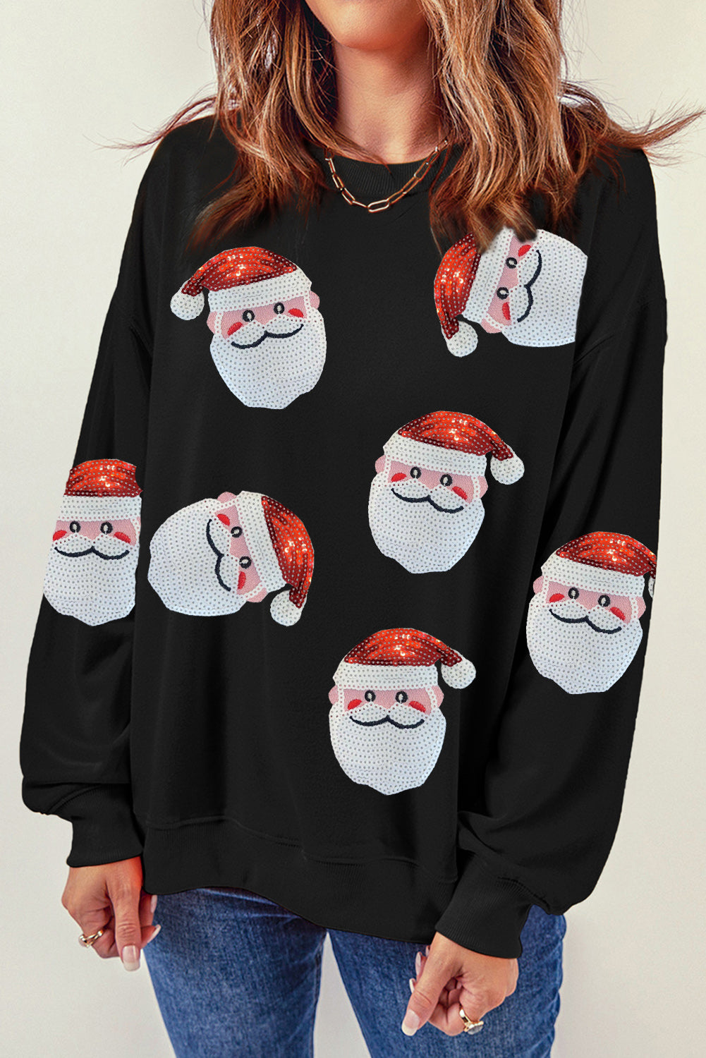 Red Sequins Santa Claus Graphic Christmas Sweatshirt-Graphic Sweatshirts-[Adult]-[Female]-Black-S-2022 Online Blue Zone Planet