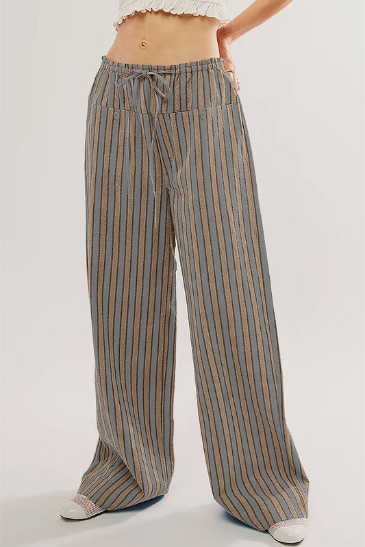 Khaki Stripe Button Pocket Tie Waist Casual Wide Leg Pants-Bottoms/Pants & Culotte-[Adult]-[Female]-Khaki Stripe-S-2022 Online Blue Zone Planet