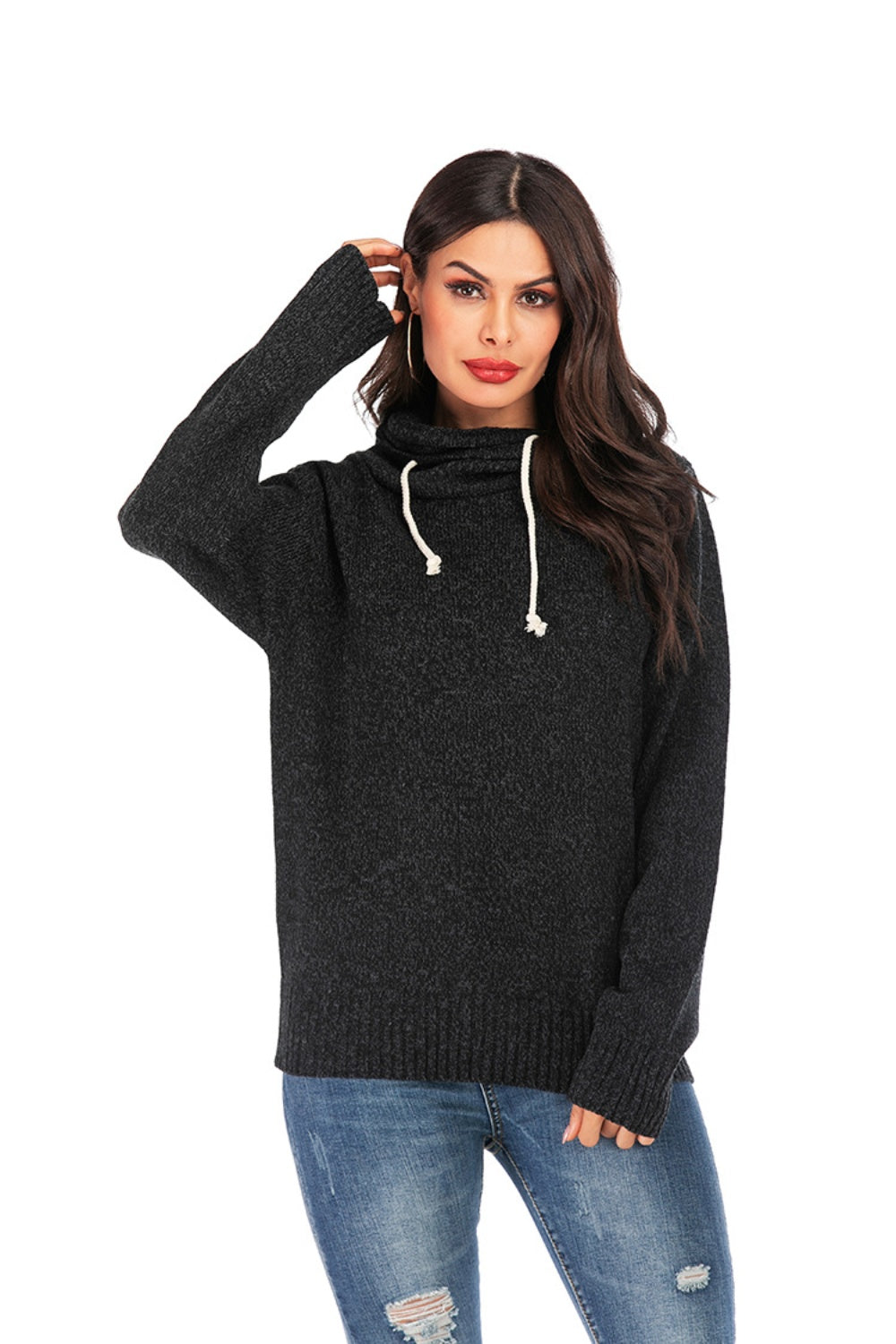 Drawstring Mock Neck Long Sleeve Sweater-TOPS / DRESSES-[Adult]-[Female]-Black-S-2022 Online Blue Zone Planet