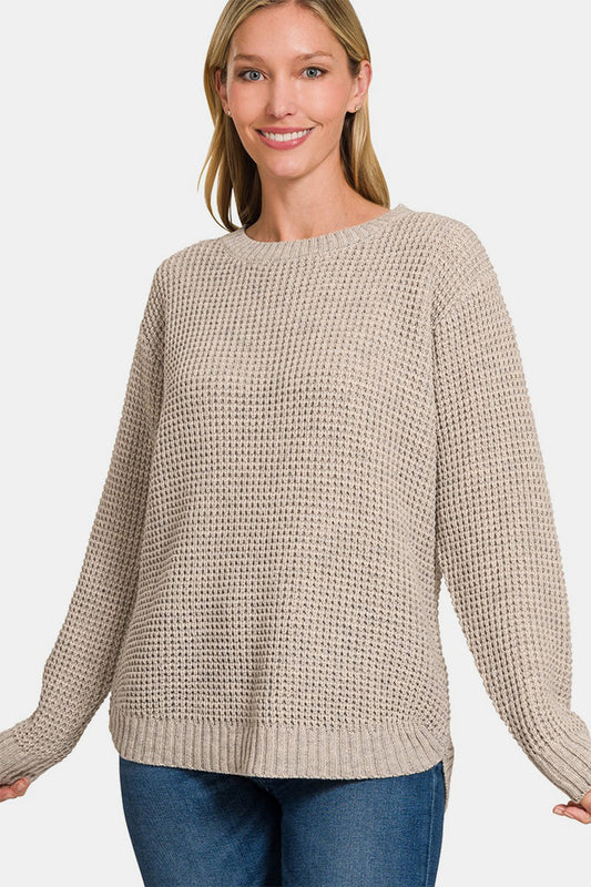 Zenana High Low Long Sleeve Waffle Sweater-TOPS / DRESSES-[Adult]-[Female]-H Mocha-S-2022 Online Blue Zone Planet