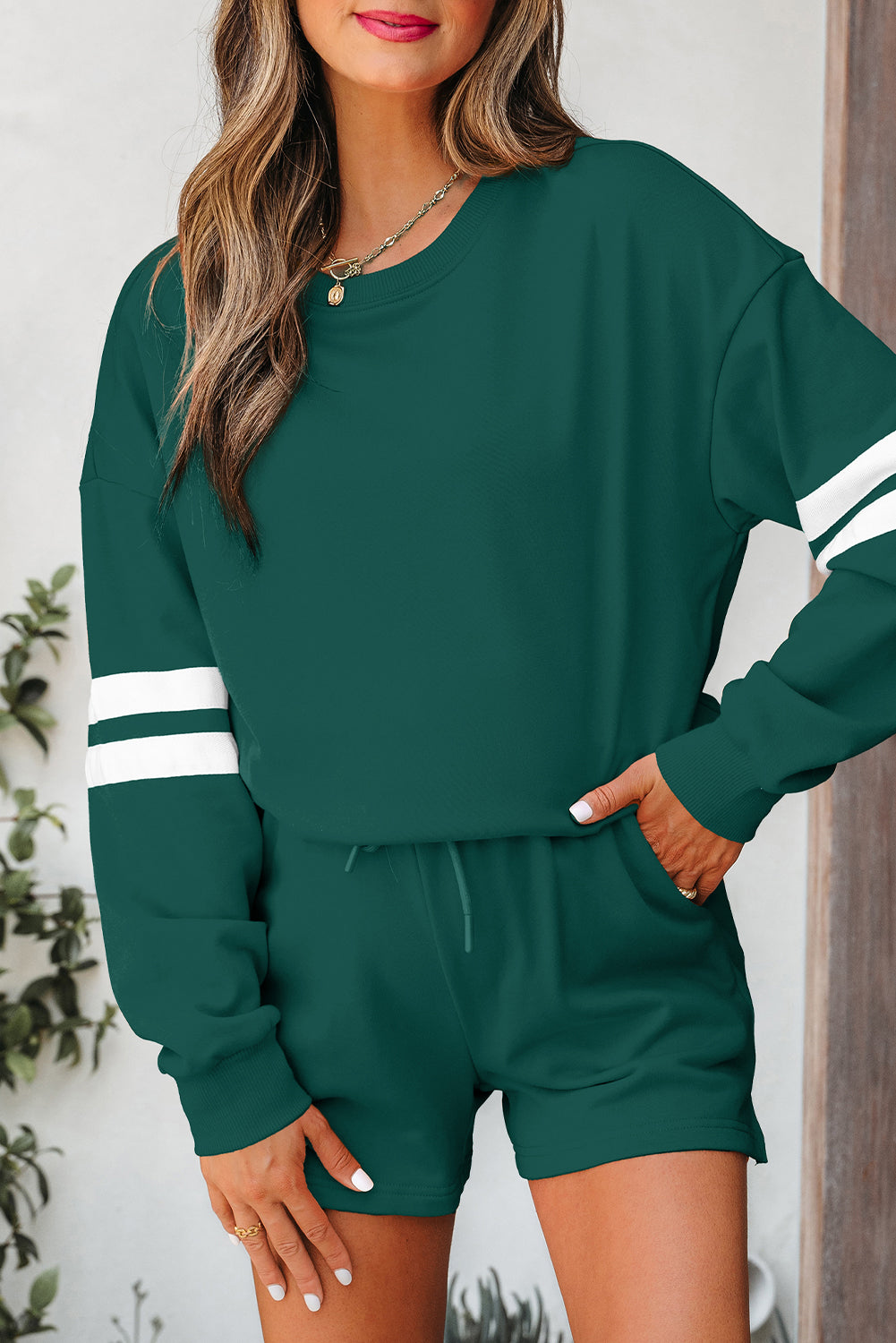 Fiery Red Varsity Striped Sleeve Drop Shoulder Sweatshirt and Short Set-Two Piece Sets/Short Sets-[Adult]-[Female]-2022 Online Blue Zone Planet