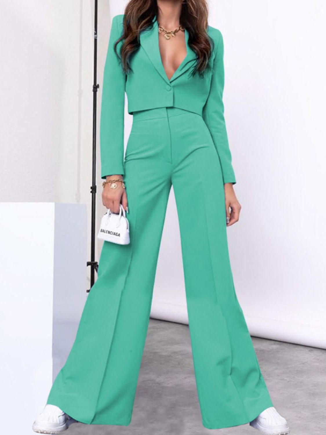 Lapel Collar Cropped Top and Wide Leg Pants Set-TOPS / DRESSES-[Adult]-[Female]-2022 Online Blue Zone Planet