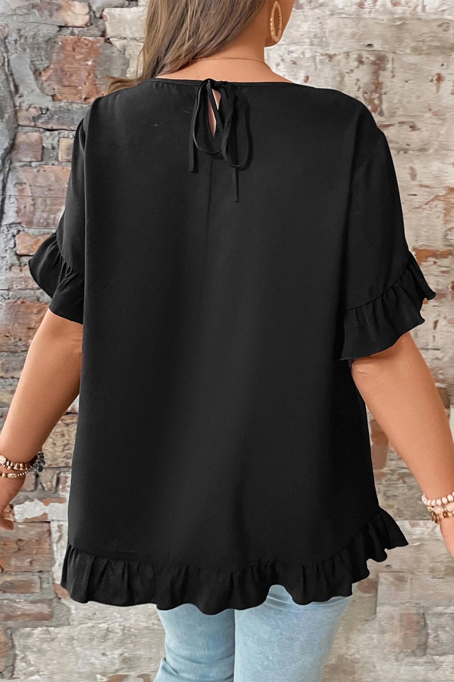 Black Solid Color Ruffle Trim Petal Sleeve Plus Size Tee-Plus Size/Plus Size Tops/Plus Size Blouses & Shirts-[Adult]-[Female]-2022 Online Blue Zone Planet