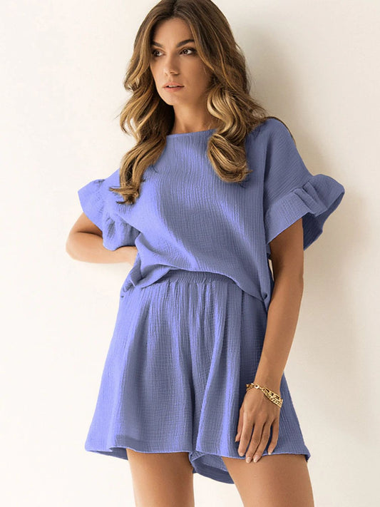 Blue Zone Planet | Ruffled Round Neck Top and Shorts Set-TOPS / DRESSES-[Adult]-[Female]-Blue Purple-S-2022 Online Blue Zone Planet