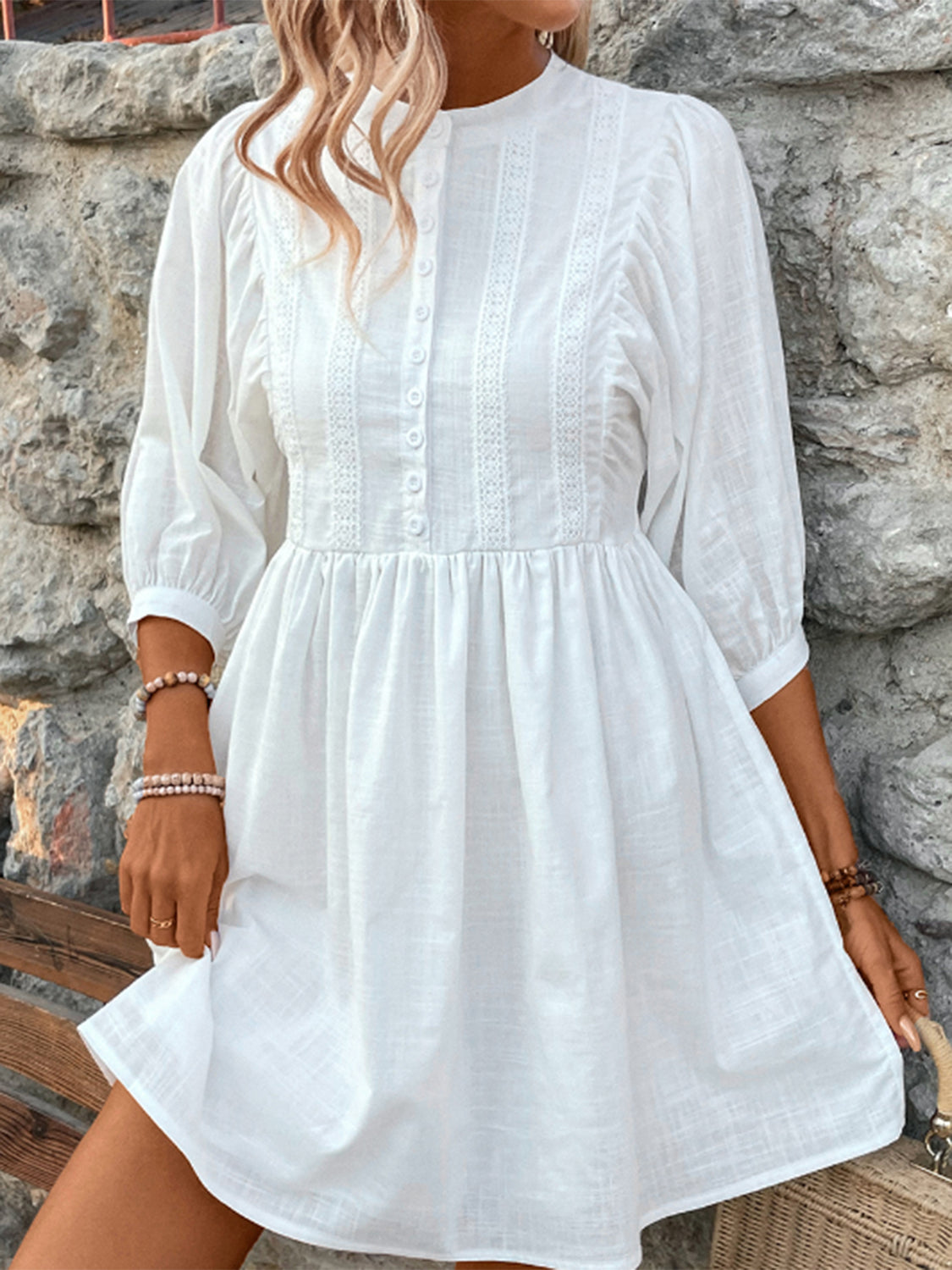 Lace Detail Half Button Three-Quarter Sleeve Dress-TOPS / DRESSES-[Adult]-[Female]-White-S-2022 Online Blue Zone Planet