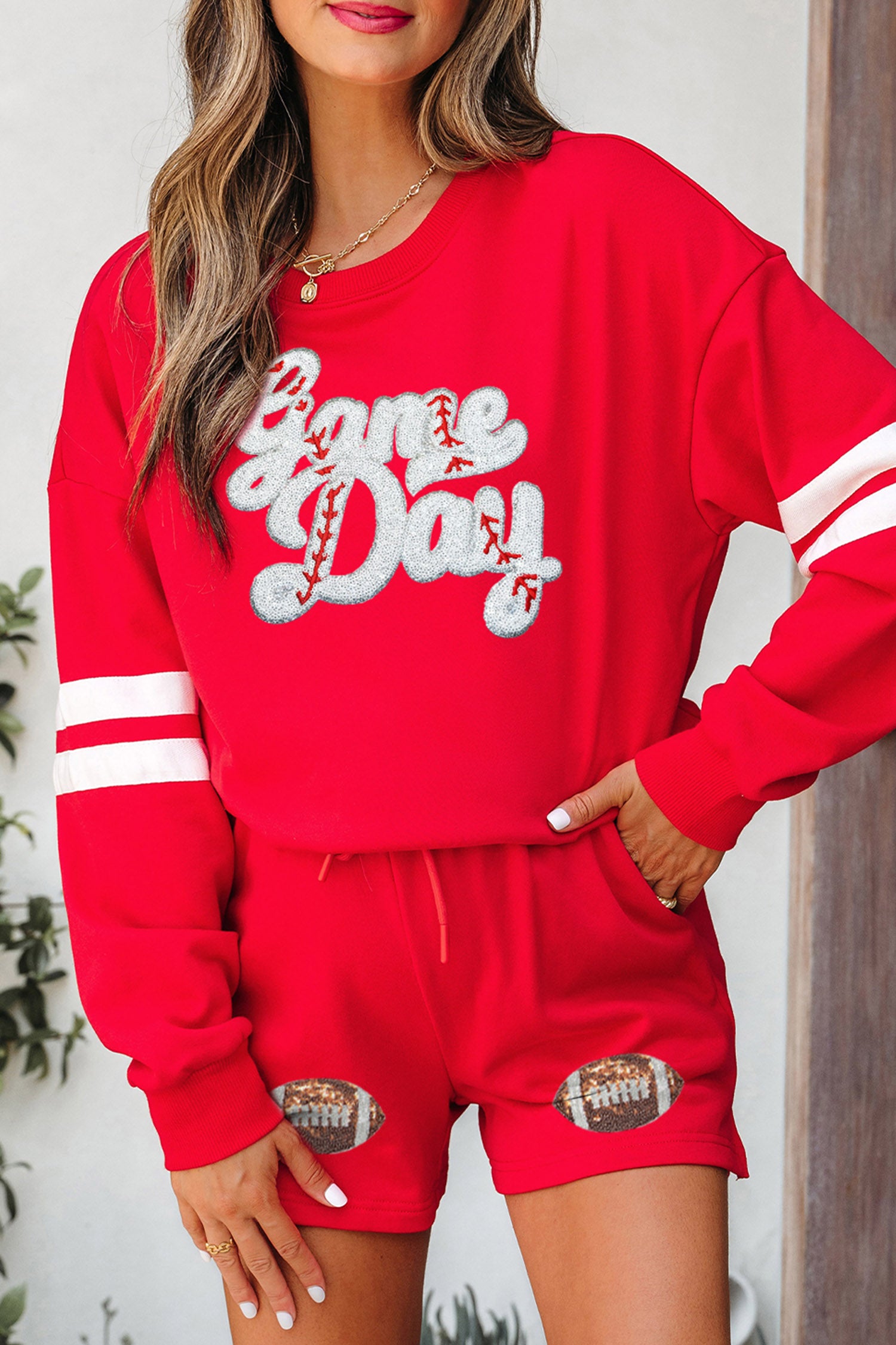 Fiery Red Glitter Game Day Slogan Football Patch Varsity Graphic Two Piece Set-Graphic/Graphic Sets-[Adult]-[Female]-Fiery Red-S-2022 Online Blue Zone Planet
