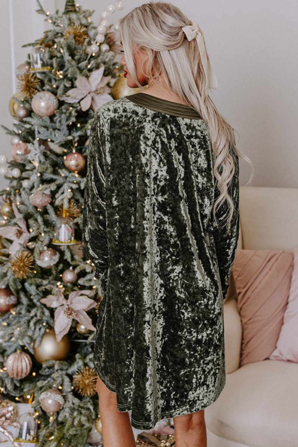 velvet loose dress Social And Chic Velvet Babydoll Dress In Army Green