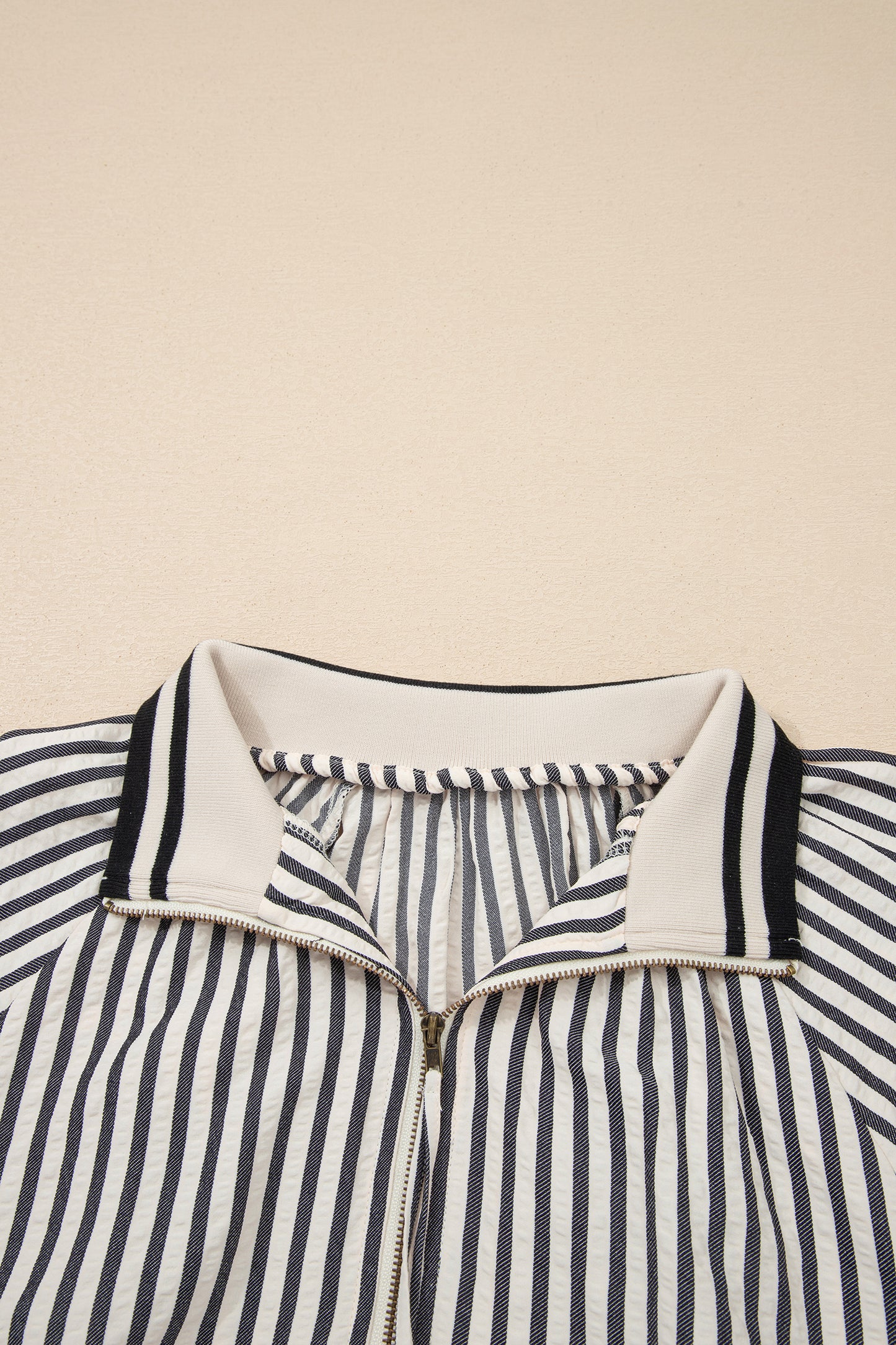 Black Stripe Polo Collar Half Zip Short Puff Sleeve Blouse-Tops/Blouses & Shirts-[Adult]-[Female]-2022 Online Blue Zone Planet