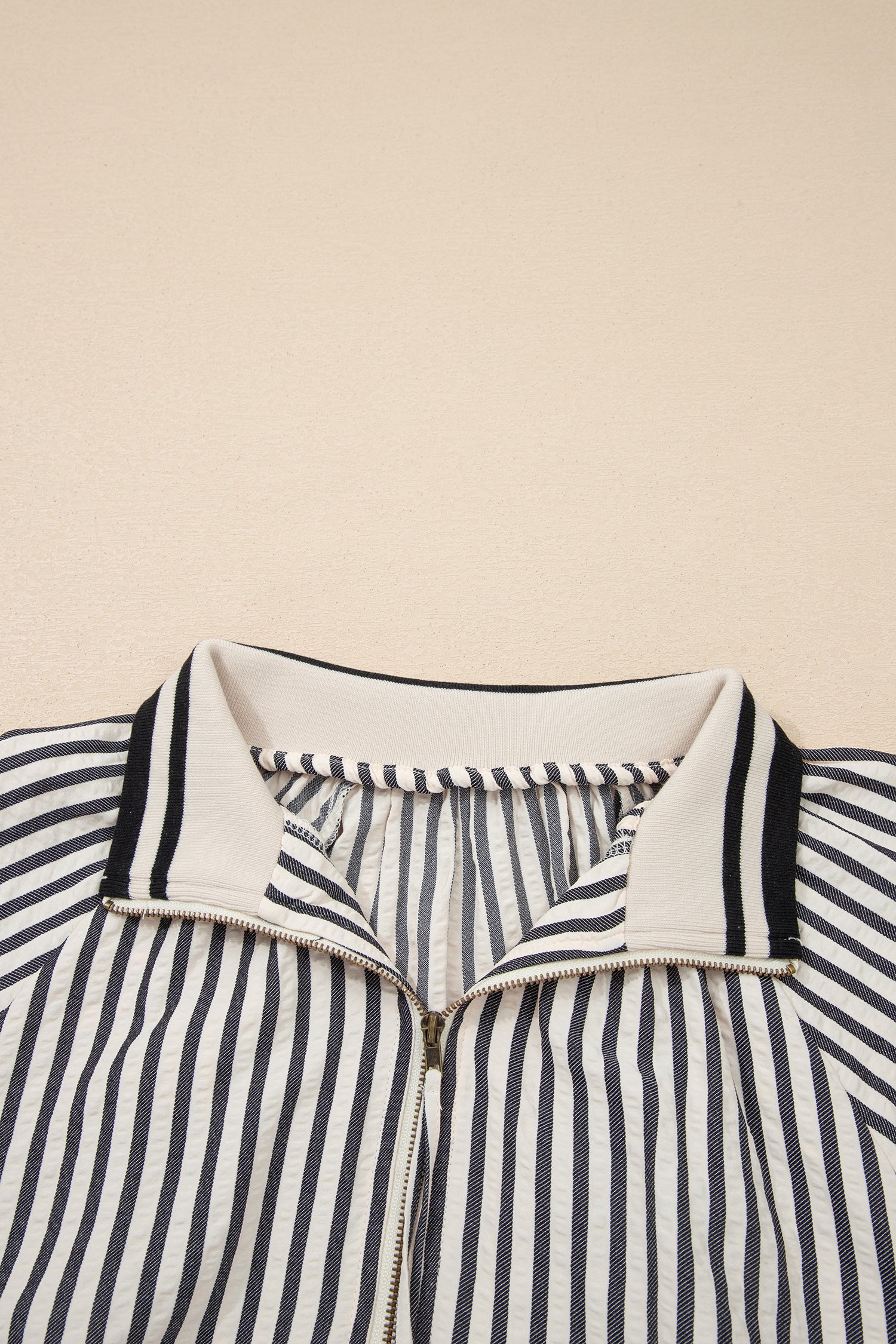 Black Stripe Polo Collar Half Zip Short Puff Sleeve Blouse-Tops/Blouses & Shirts-[Adult]-[Female]-2022 Online Blue Zone Planet