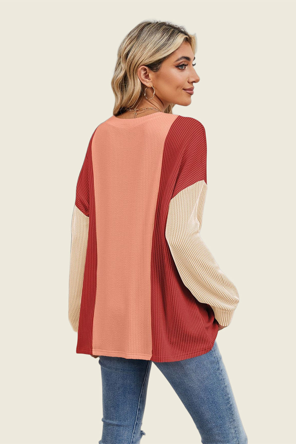 Double Take Texture Contrast Round Neck Long Sleeve T-Shirt-TOPS / DRESSES-[Adult]-[Female]-2022 Online Blue Zone Planet