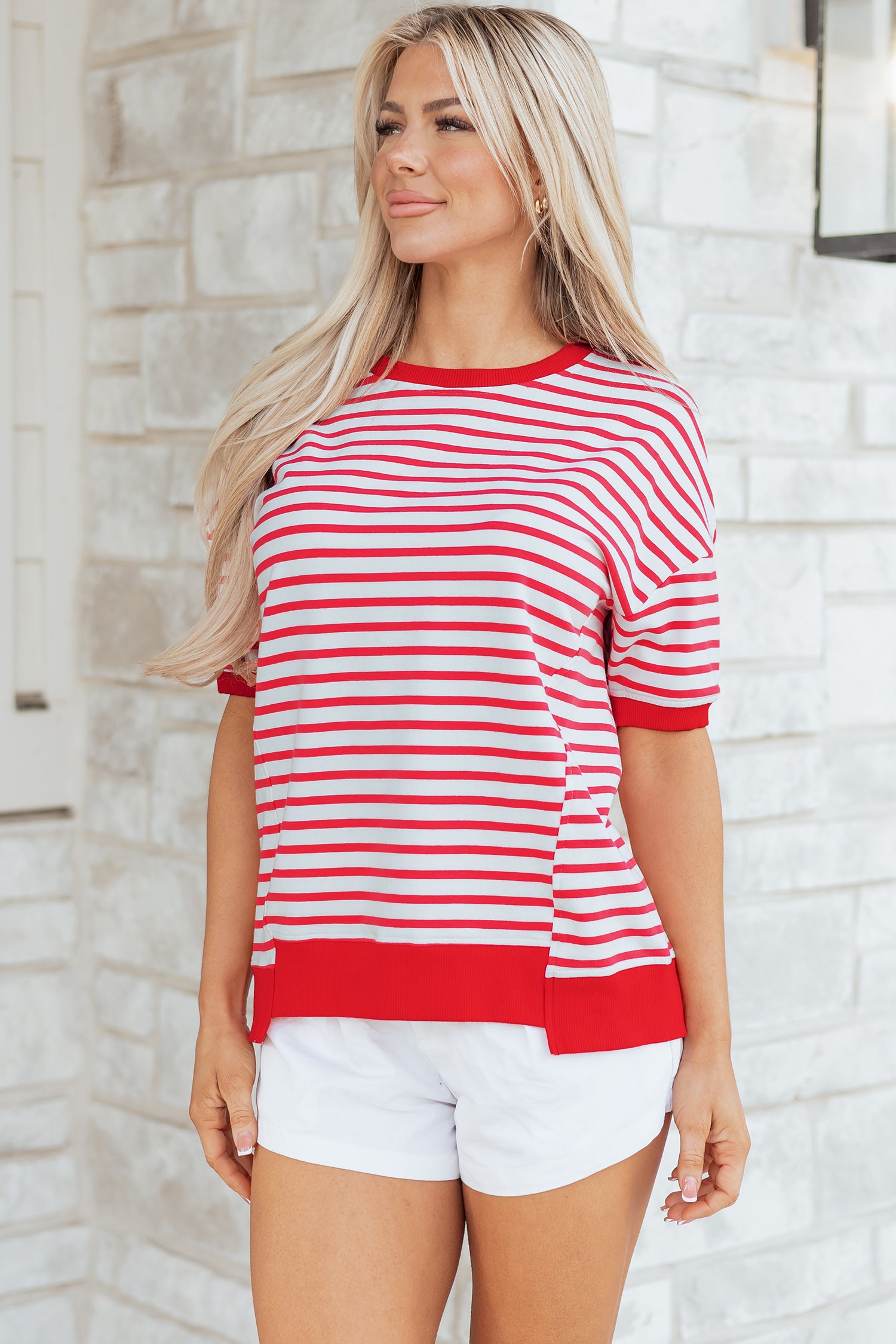 Red Stripe Drop Shoulder Half Sleeve T Shirt-Tops/Tops & Tees-[Adult]-[Female]-2022 Online Blue Zone Planet