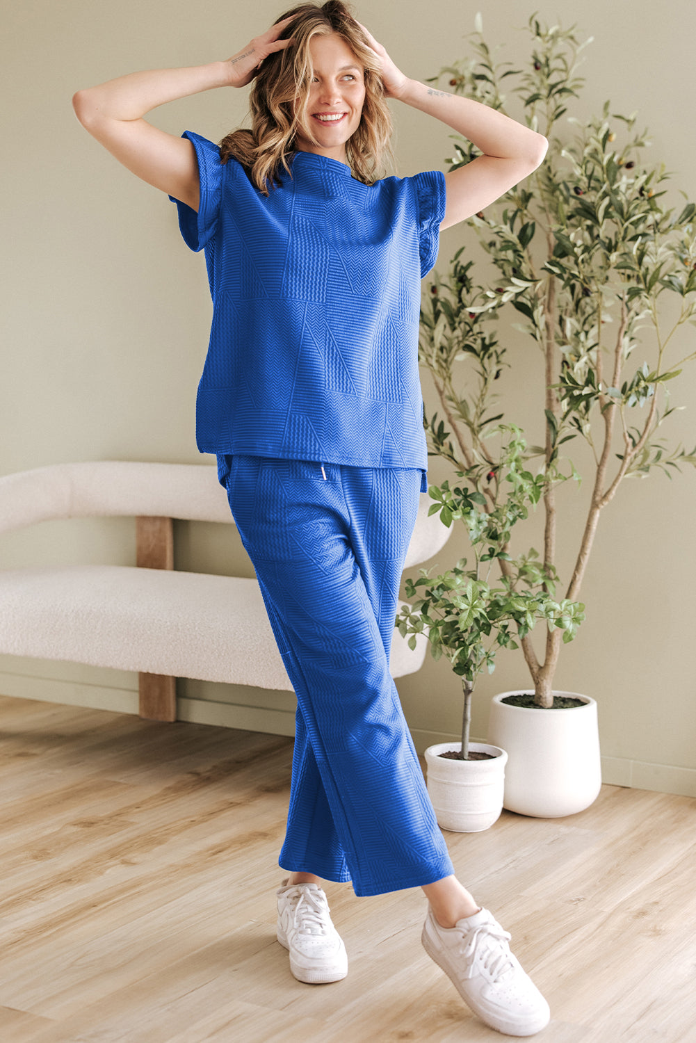 Blue Zone Planet | Dark Blue Ruffled Sleeve Summer Top and Cropped Loose Pants Set-Two Piece Sets/Pant Sets-[Adult]-[Female]-2022 Online Blue Zone Planet