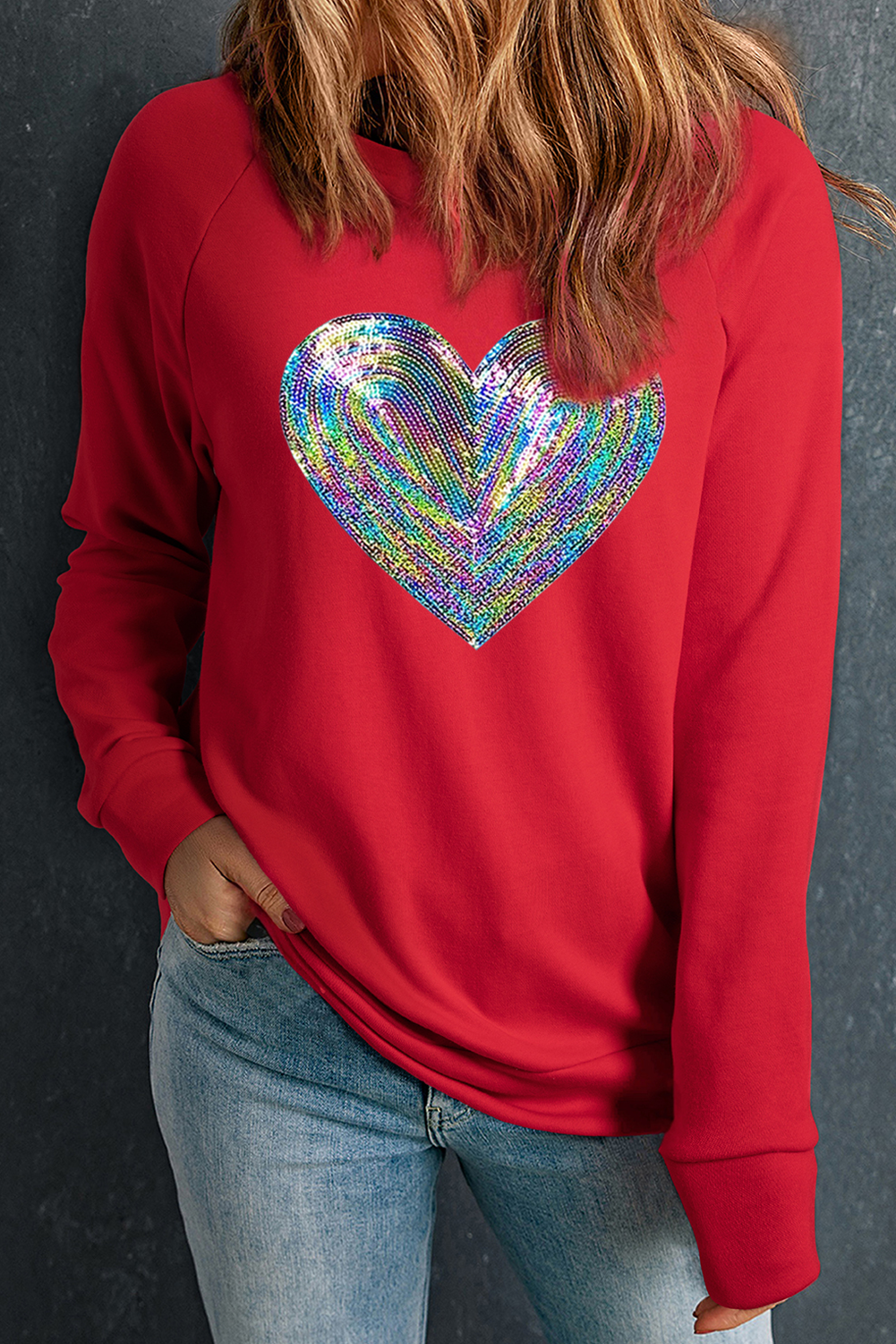 Blue Zone Planet | Red Bold Sequin Heart Crewneck Valentines Pullover Sweatshirt-Graphic Sweatshirts-[Adult]-[Female]-2022 Online Blue Zone Planet