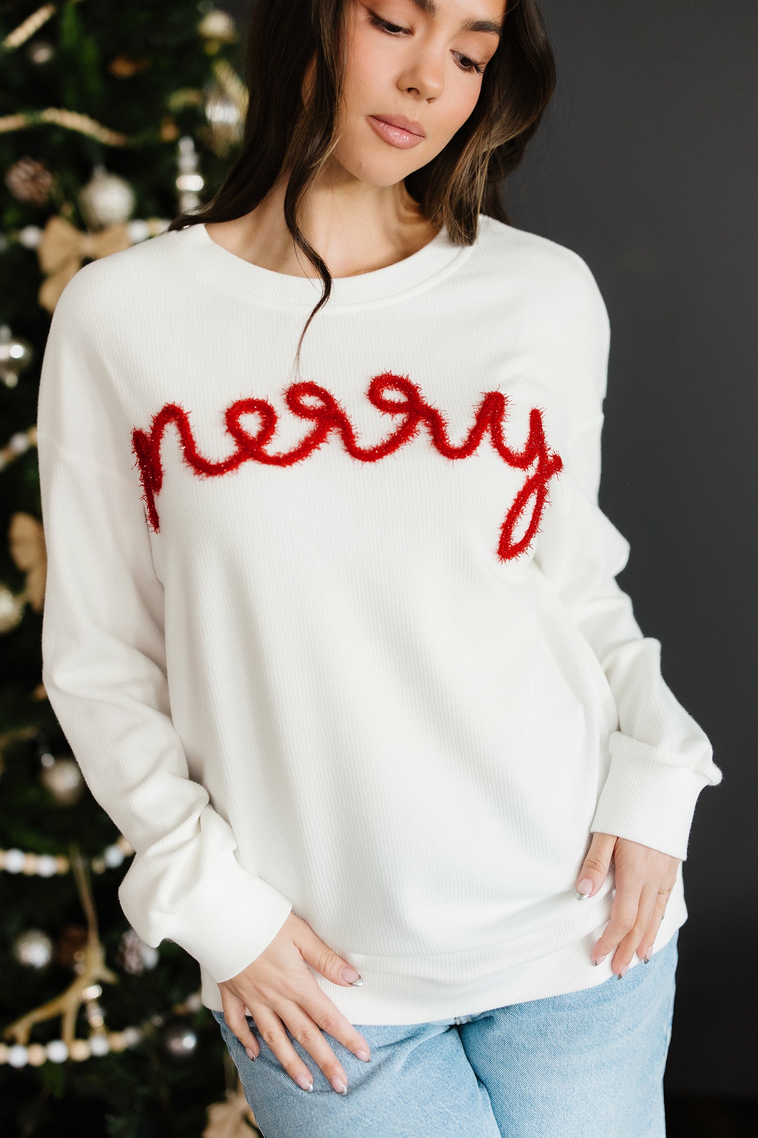 White Merry Tinsel Letter Embroidery Ribbed Drop Shoulder Sweatshirt-Tops/Sweatshirts & Hoodies-[Adult]-[Female]-2022 Online Blue Zone Planet